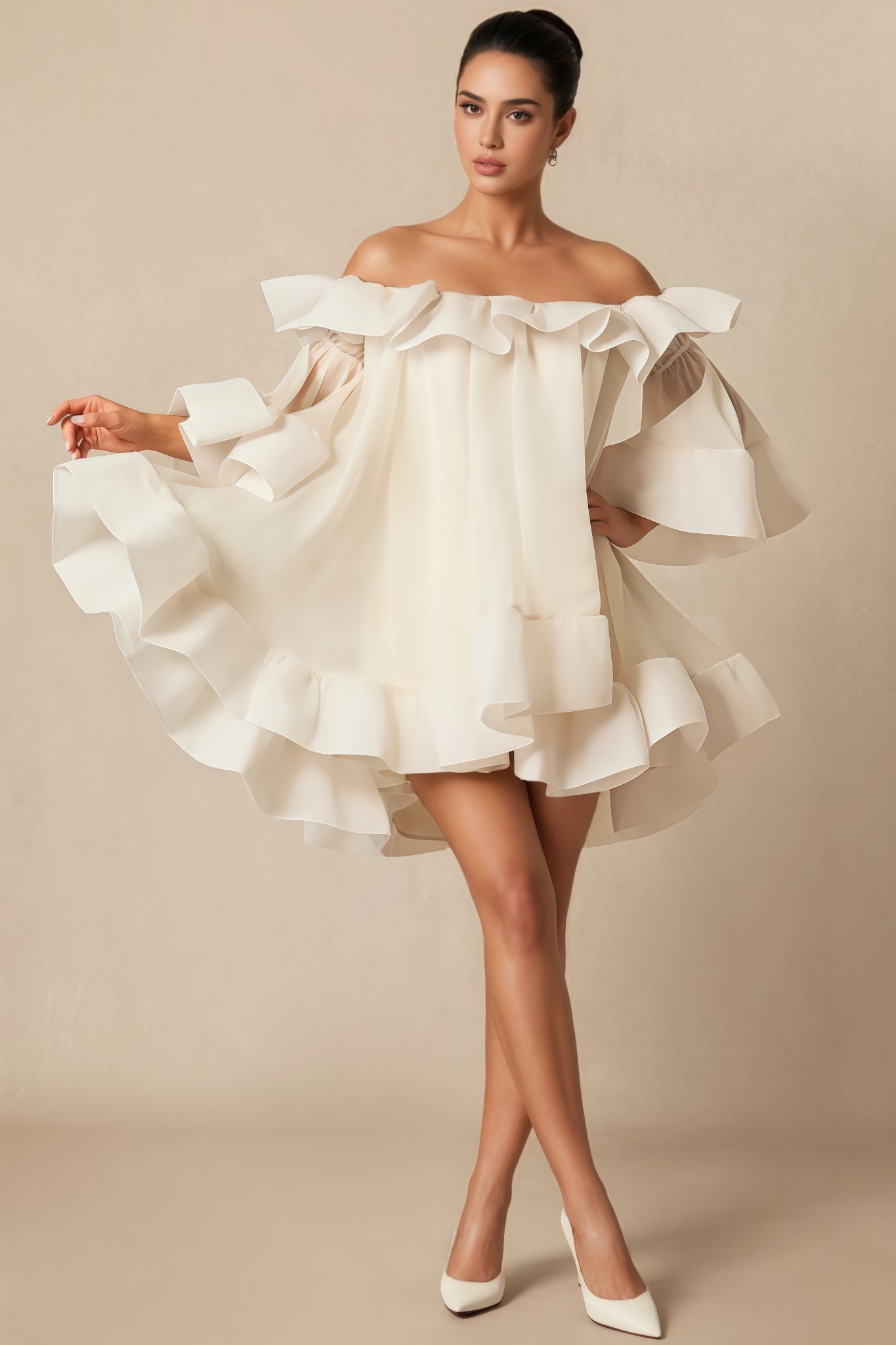 Wraya White Off The Shoulder Ruffle Mini Dress
