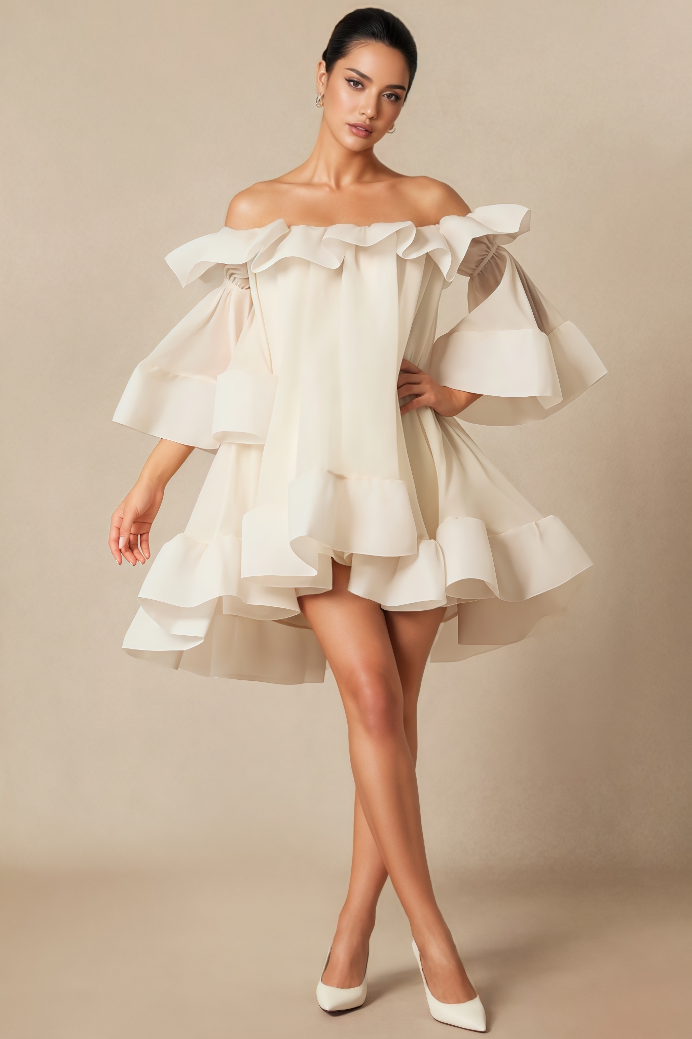 Wraya White Off The Shoulder Ruffle Mini Dress