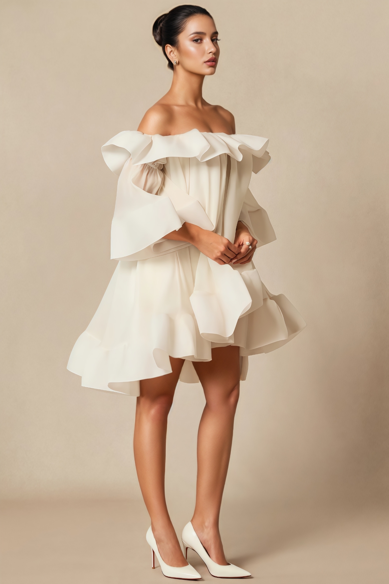 Wraya White Off The Shoulder Ruffle Mini Dress