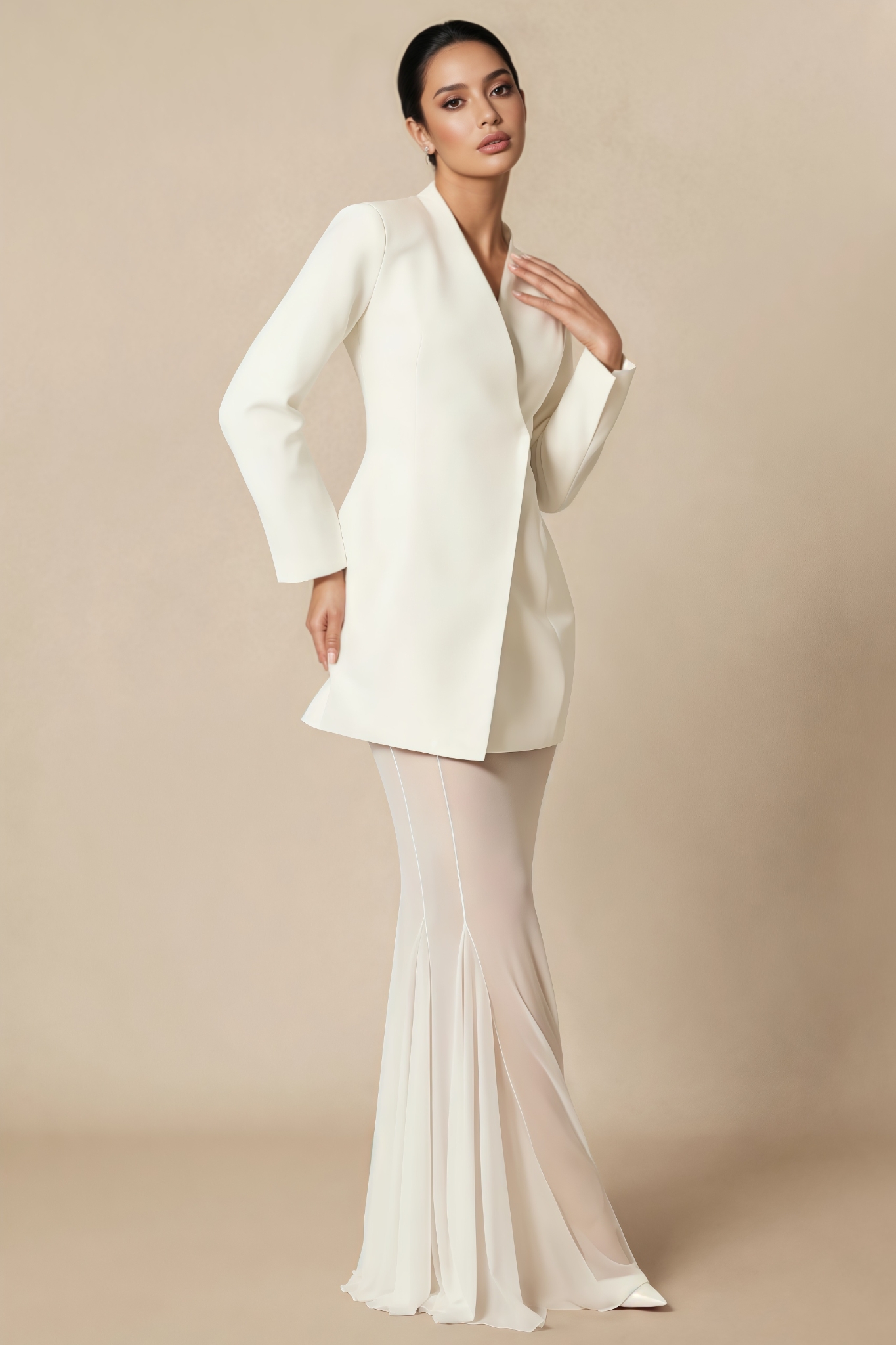 Cagron White Blazer Mesh Maxi Dress Set