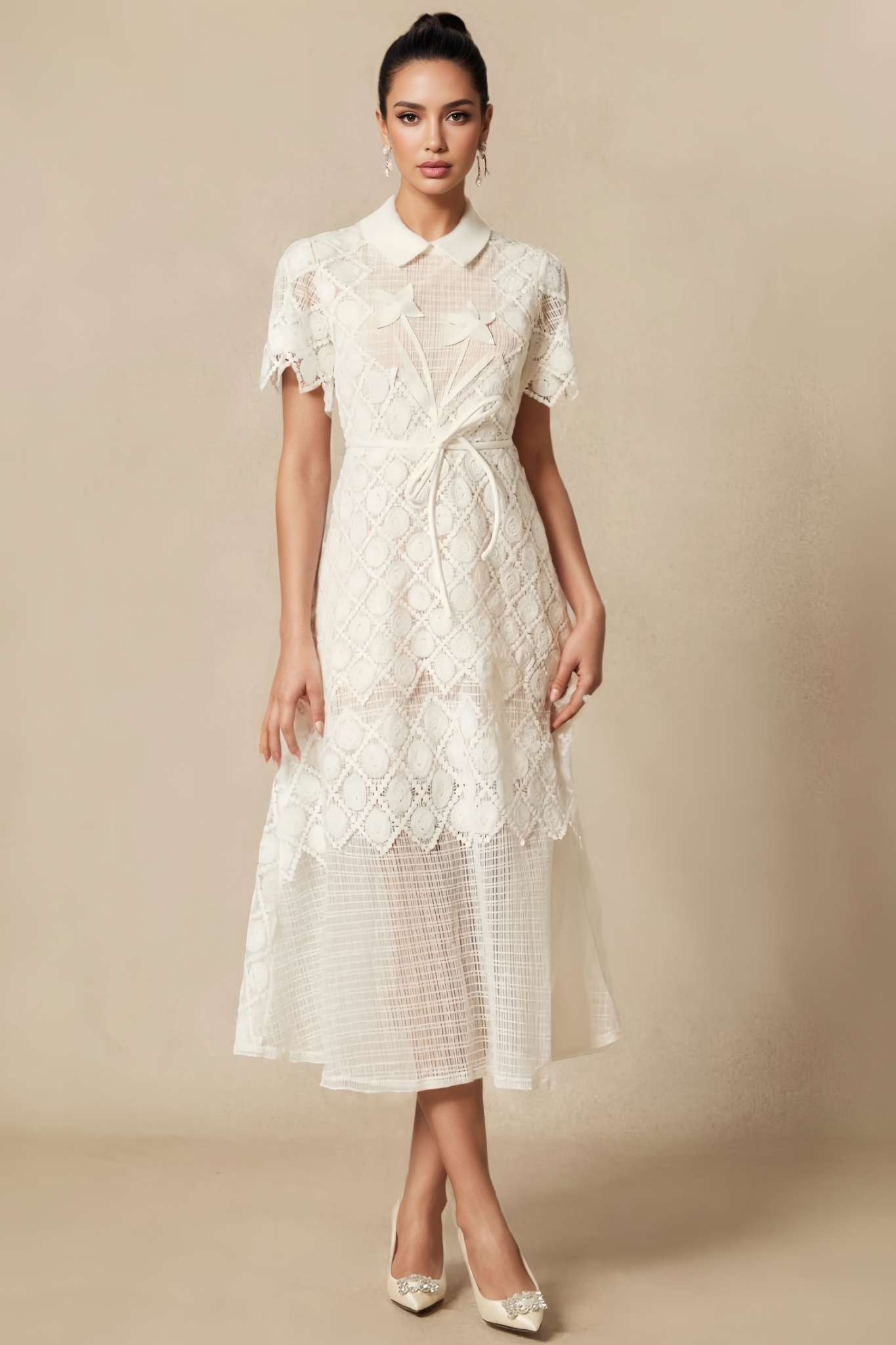 Starla White Short Sleeve Lace Embroidered Midi Dress