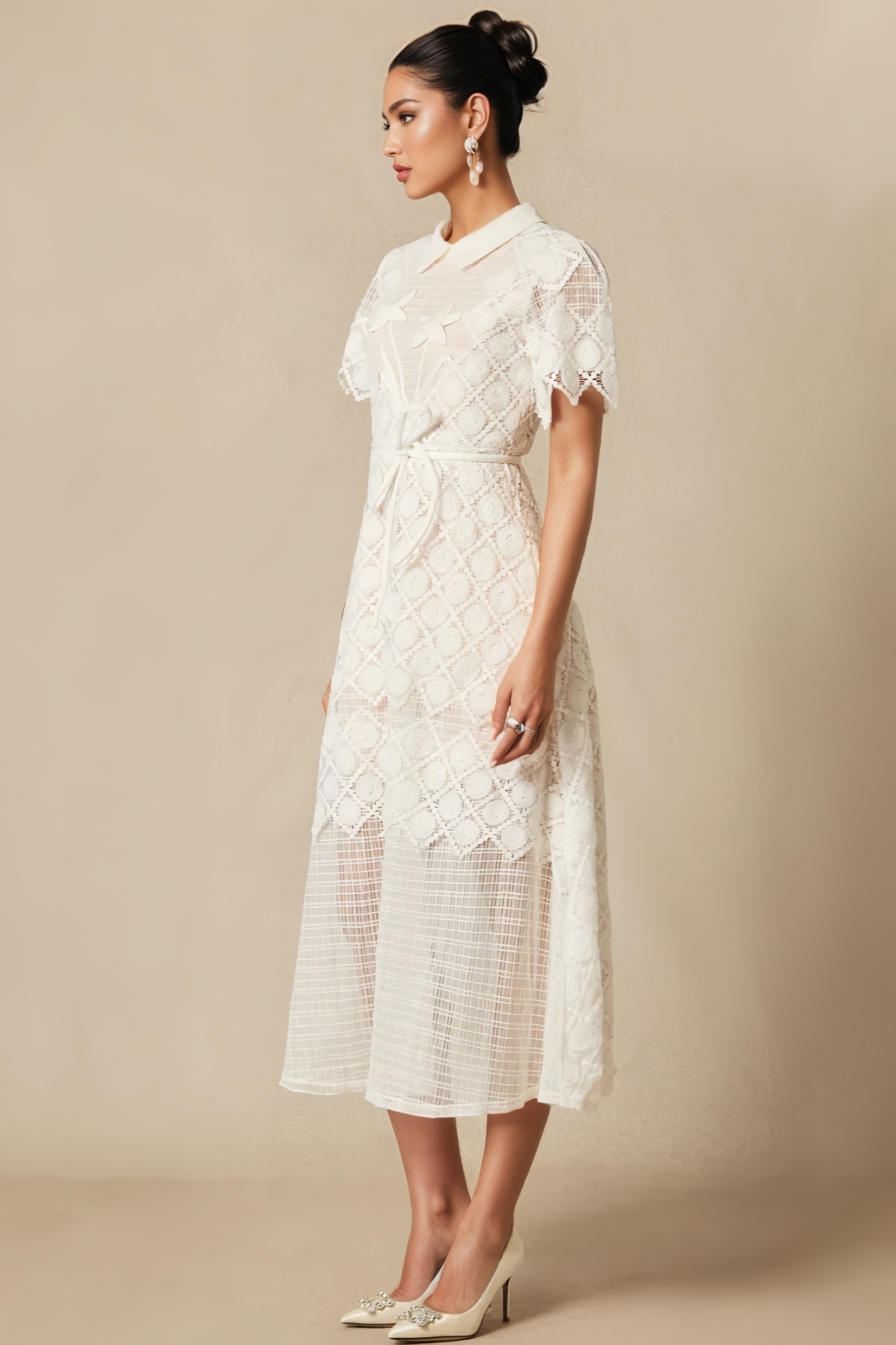 Starla White Short Sleeve Lace Embroidered Midi Dress