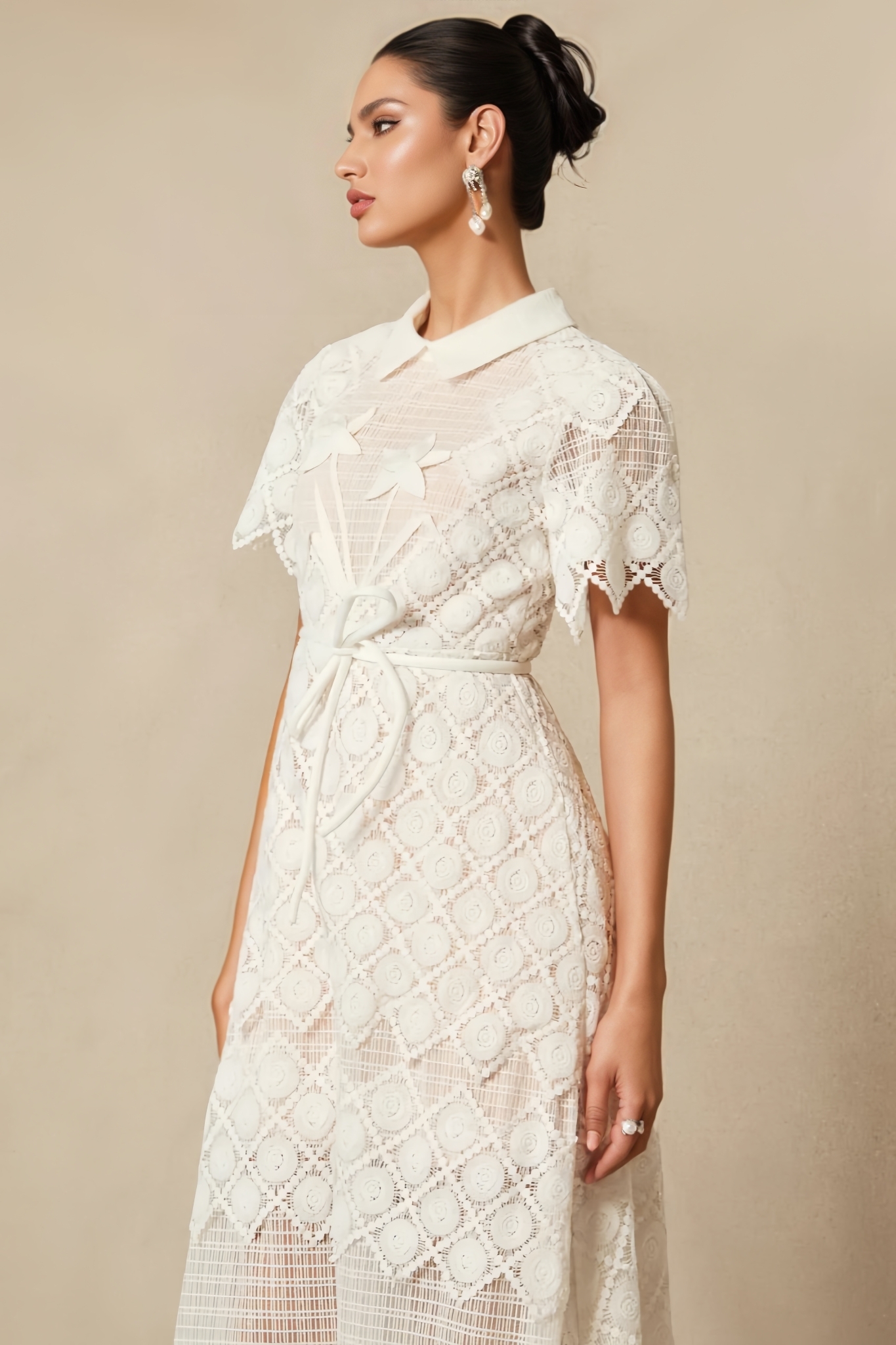 Starla White Short Sleeve Lace Embroidered Midi Dress
