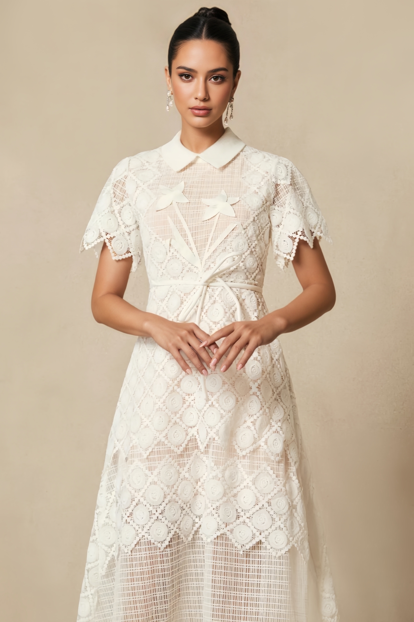 Starla White Short Sleeve Lace Embroidered Midi Dress