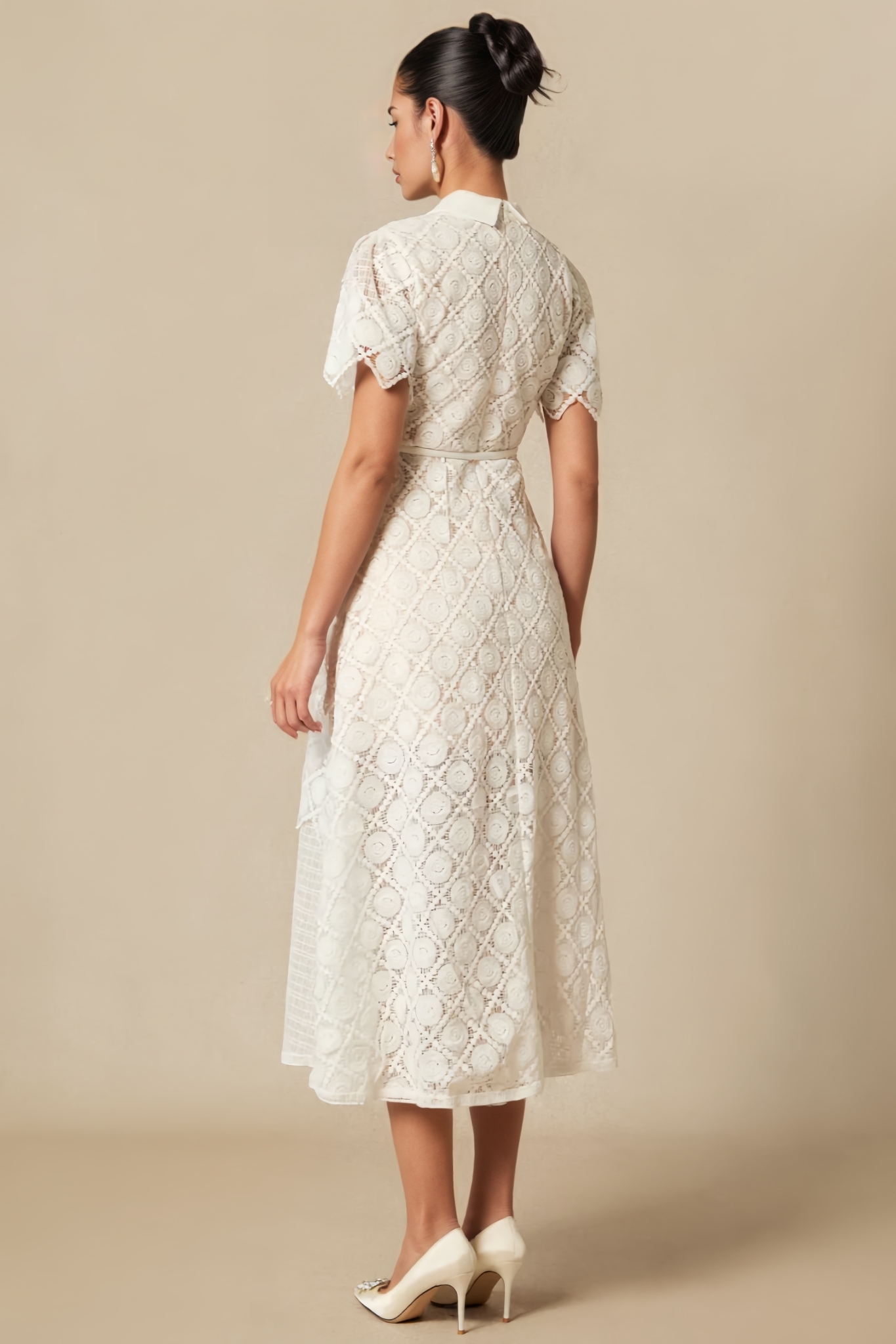 Starla White Short Sleeve Lace Embroidered Midi Dress