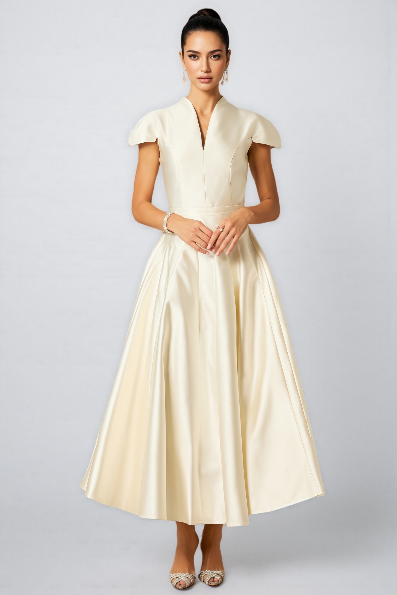 Aurelia Cap Sleeve V-Neck Satin Midi Dress 