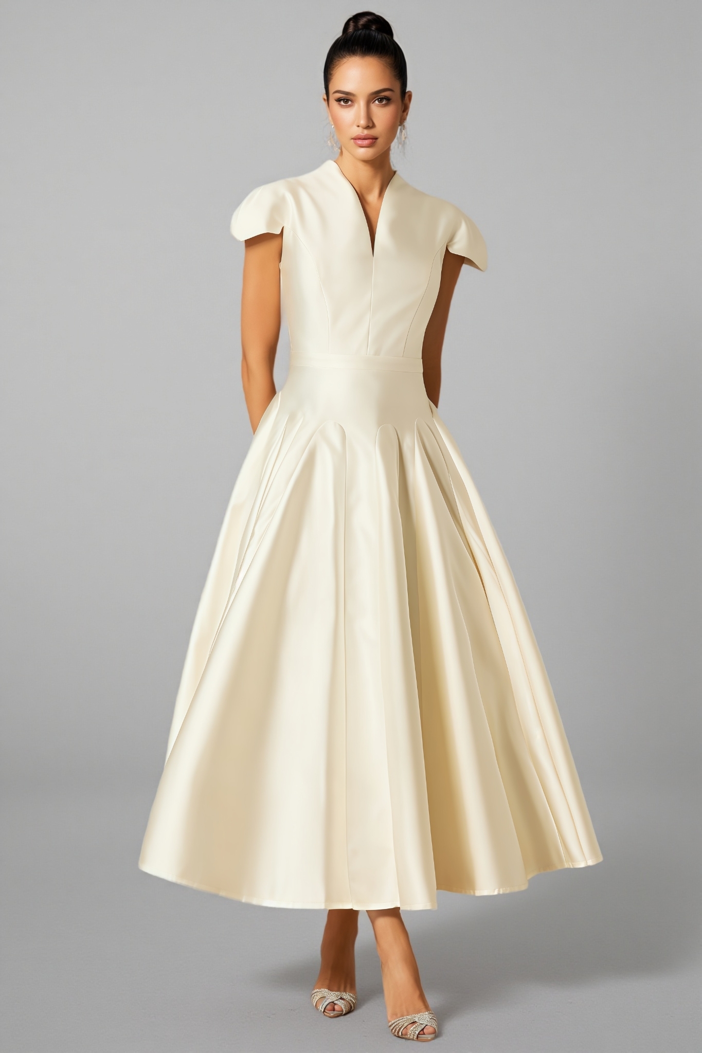 Aurelia Cap Sleeve V-Neck Satin Midi Dress 