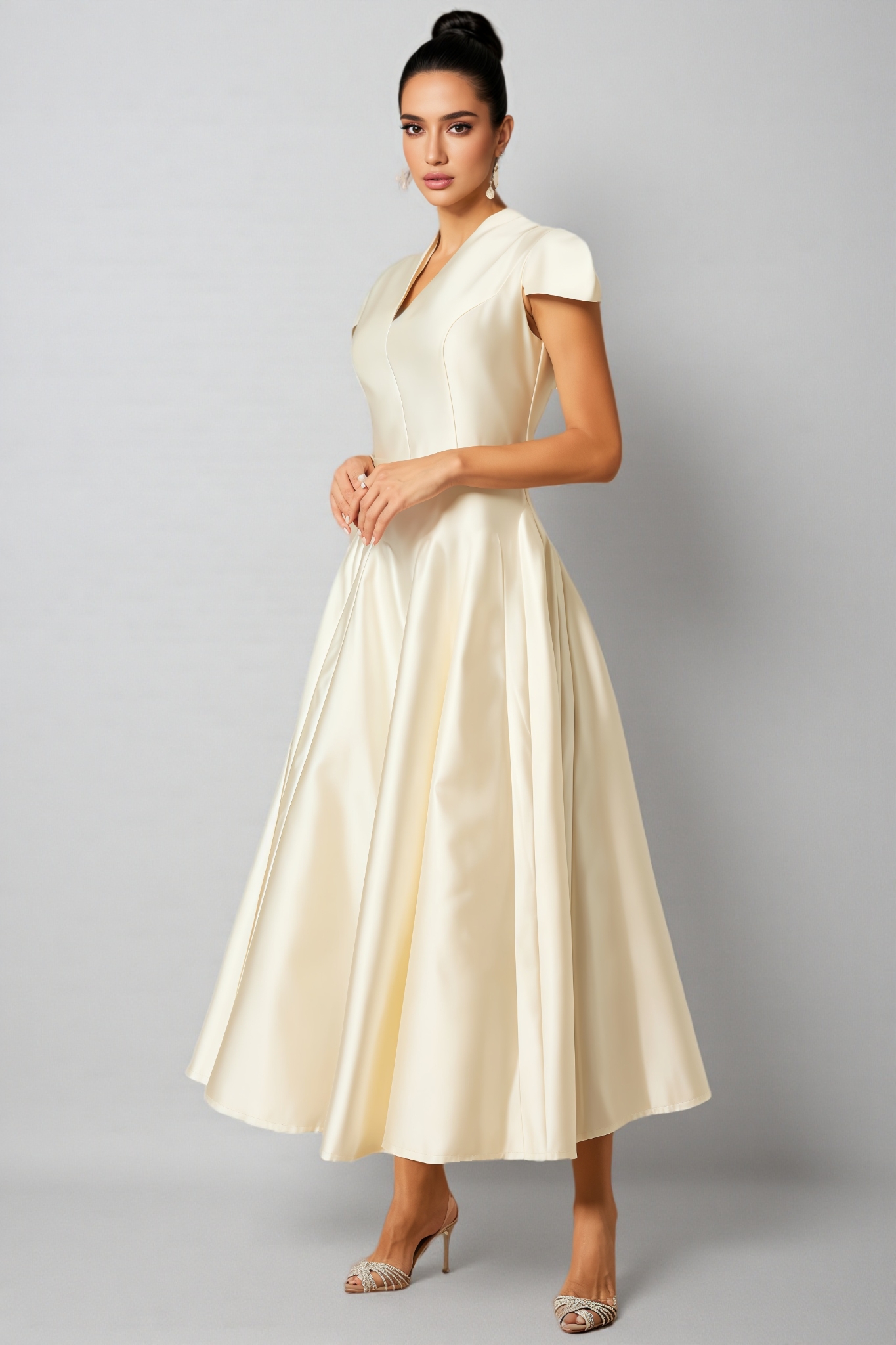 Aurelia Cap Sleeve V-Neck Satin Midi Dress 