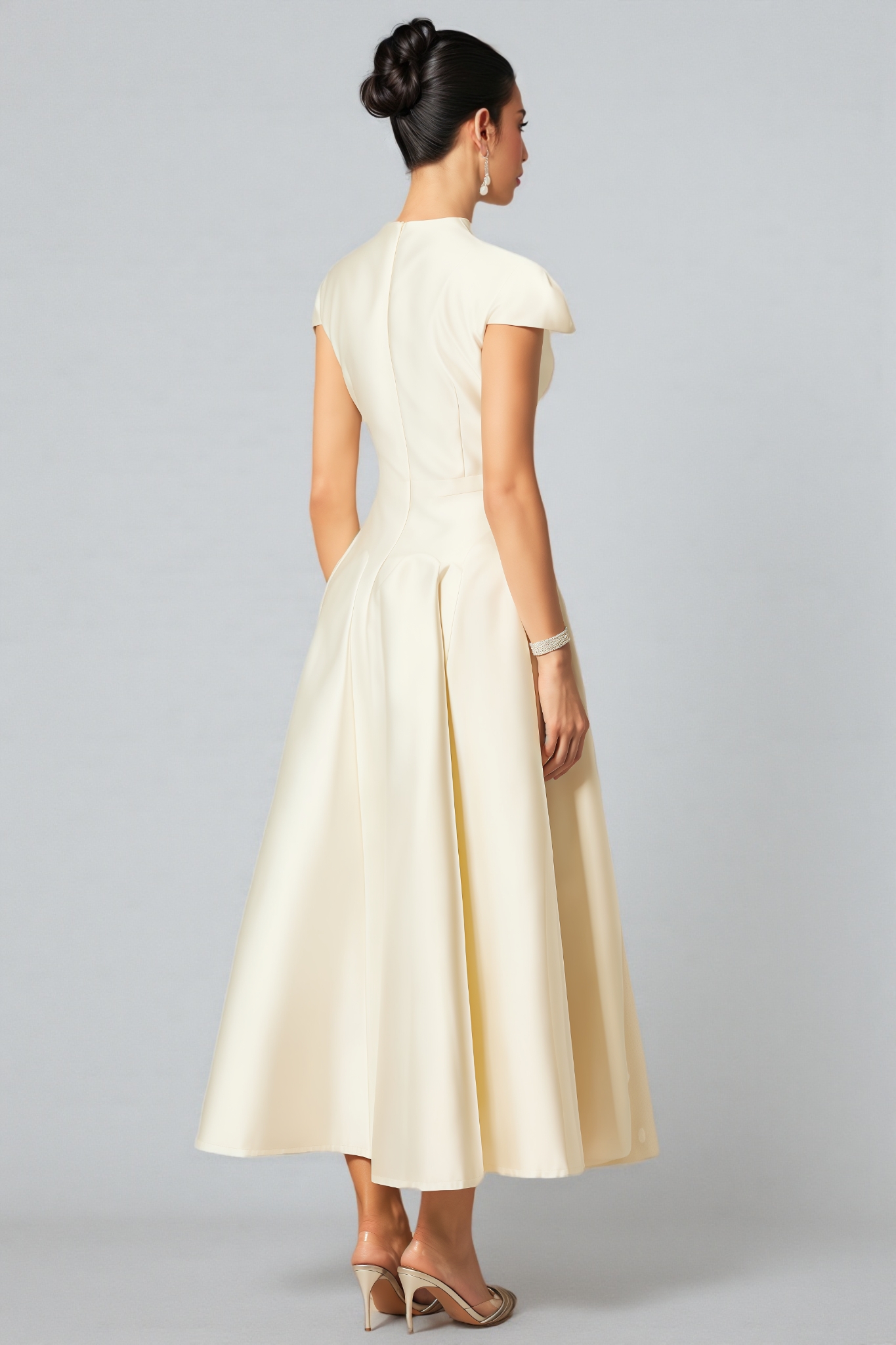 Aurelia Cap Sleeve V-Neck Satin Midi Dress 