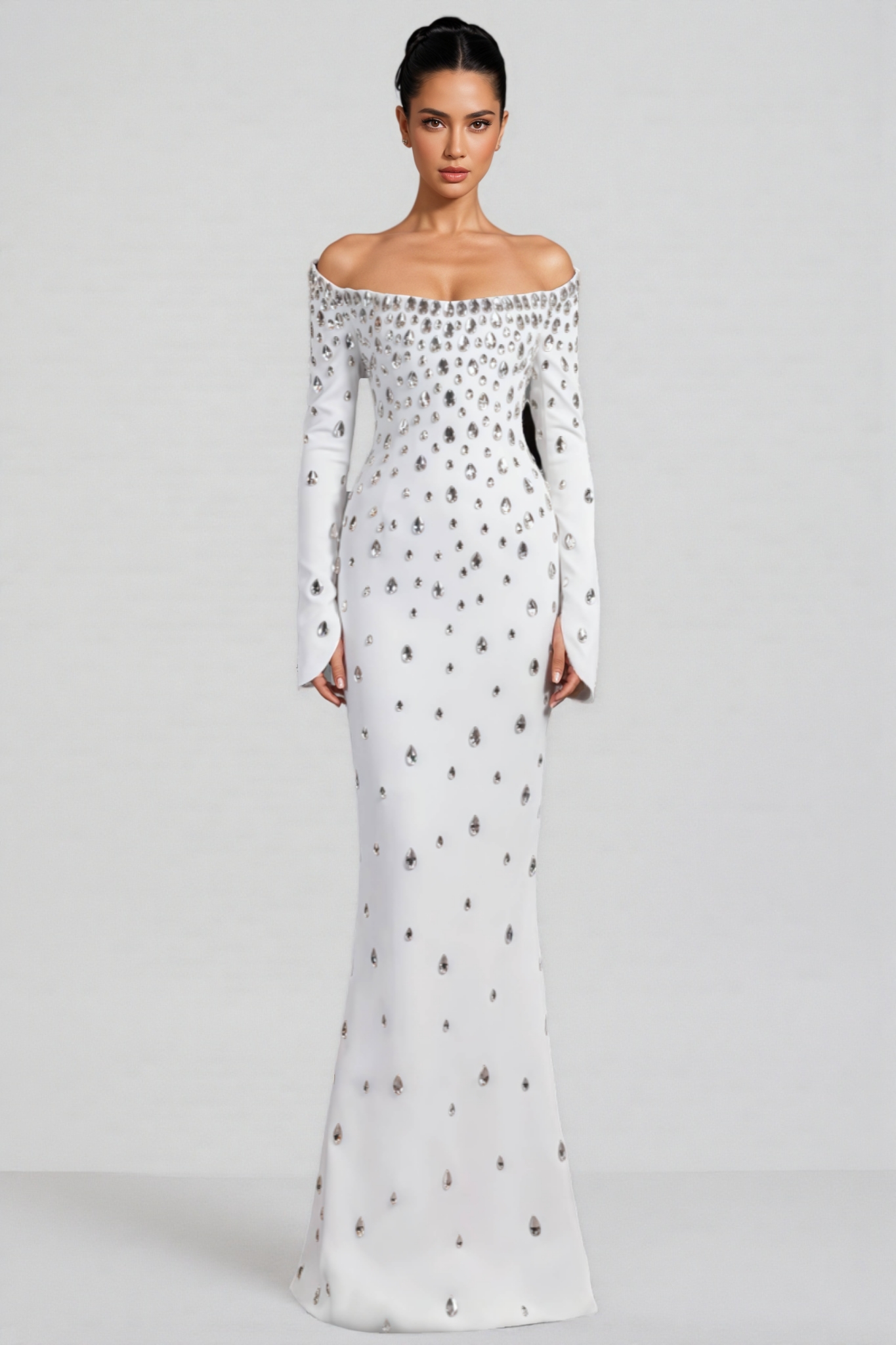 Kania White Long Sleeve Beaded Maxi Dress