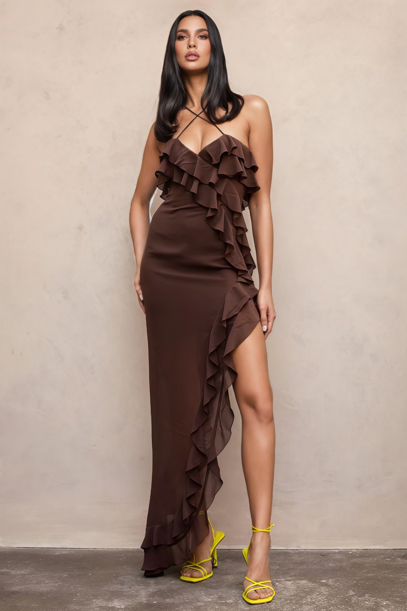 Novek Brown Ruffled Slit Midi Dress