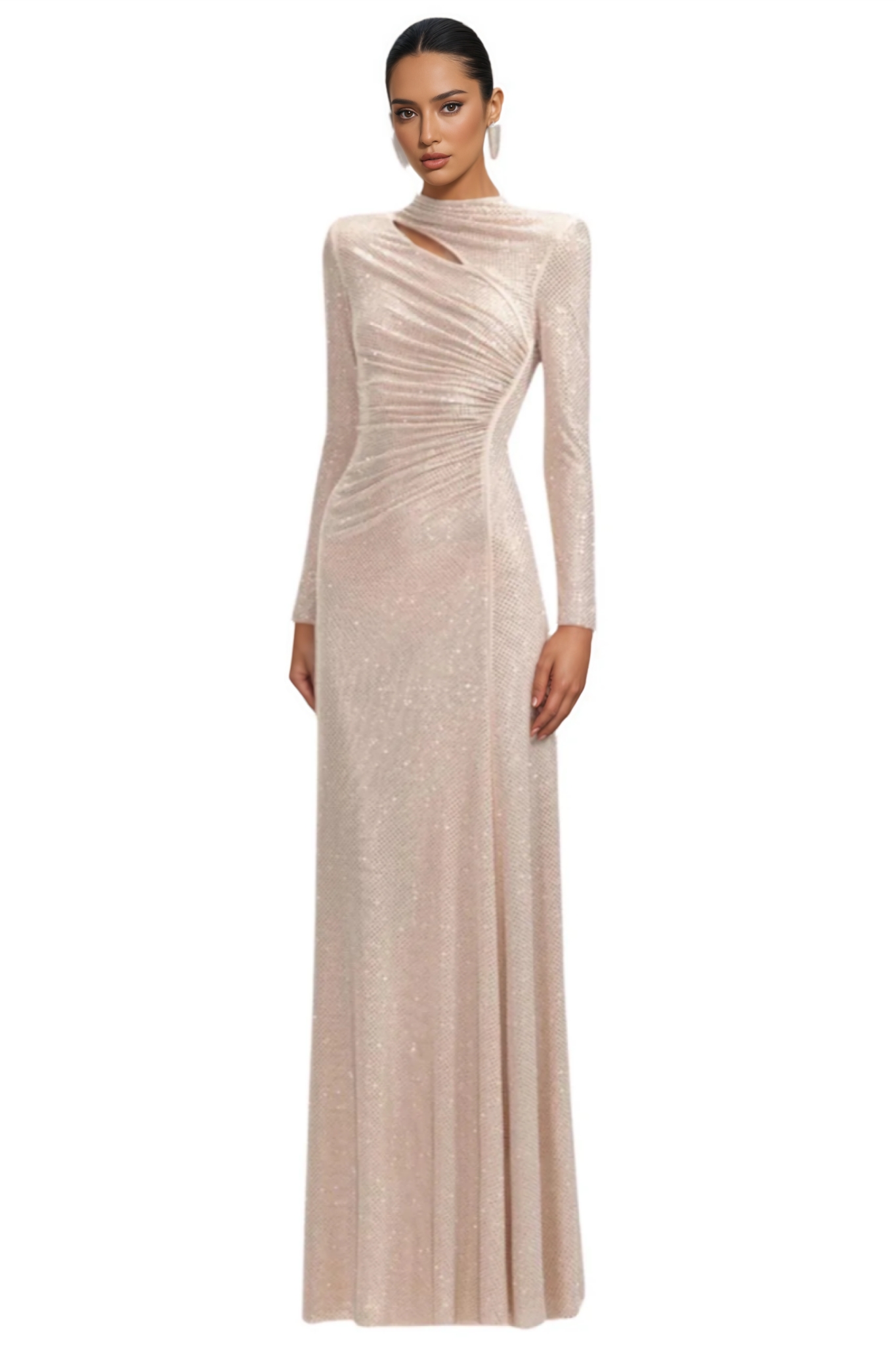 Yornak Beige Rhinestone Maxi Dress