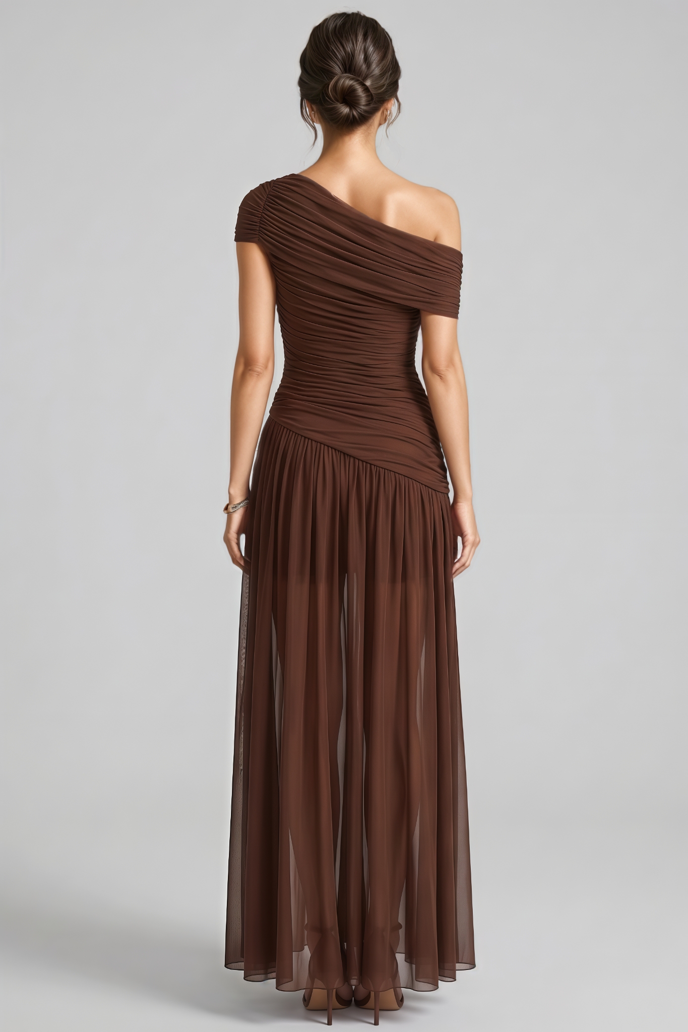 Aedous Brown Slanted Shoulder Mesh Maxi Dress