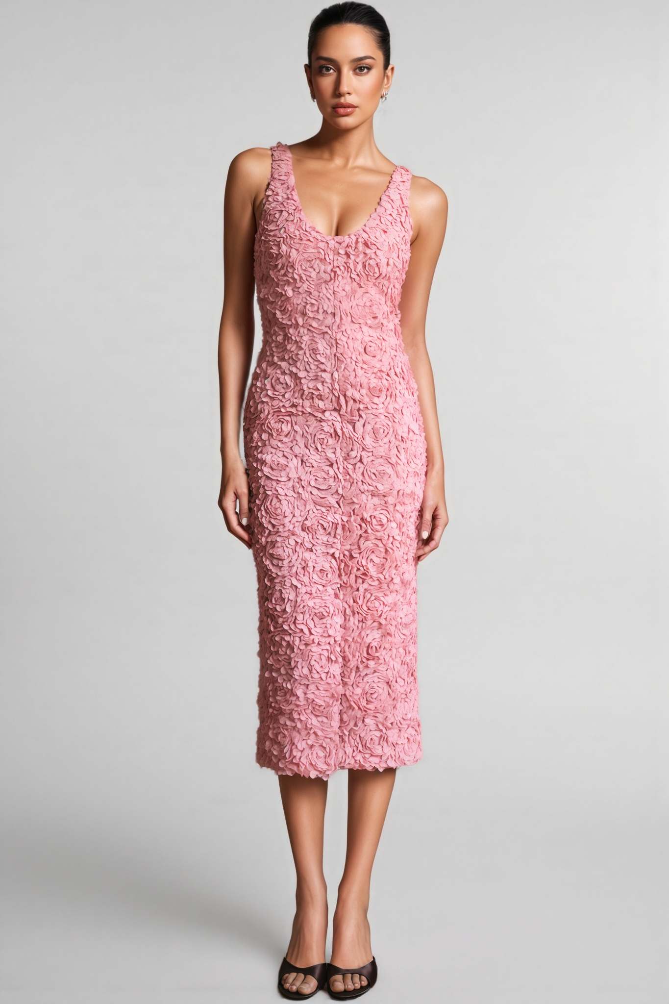 Sagona Pink 3D Floral Midi Dress
