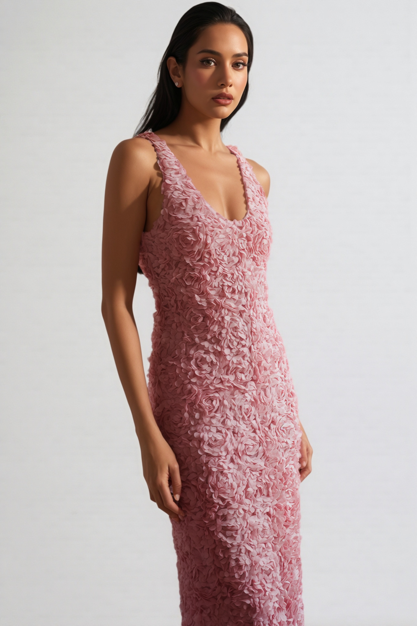 Sagona Pink 3D Floral Midi Dress