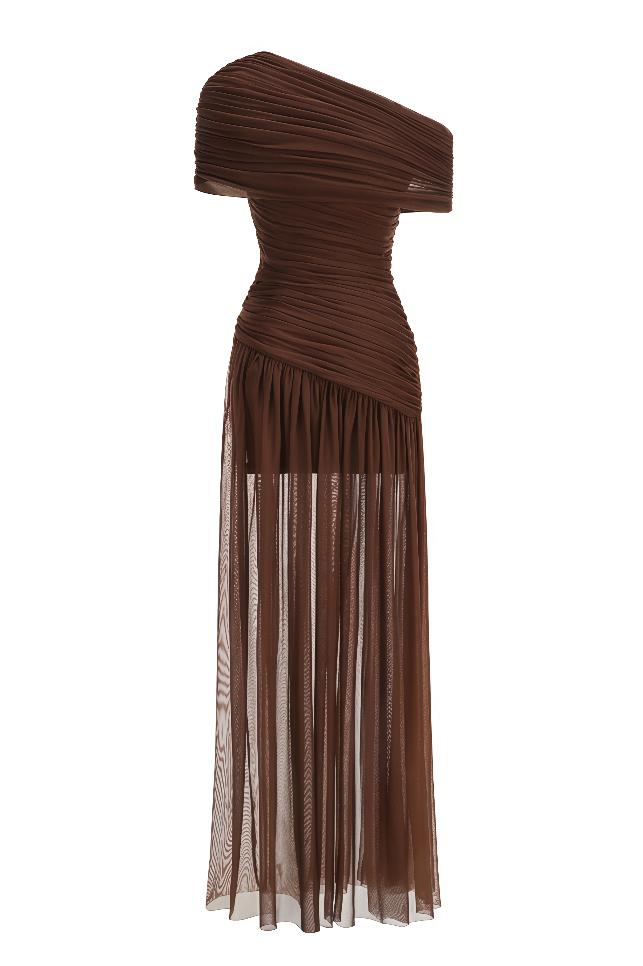Aedous Brown Slanted Shoulder Mesh Maxi Dress