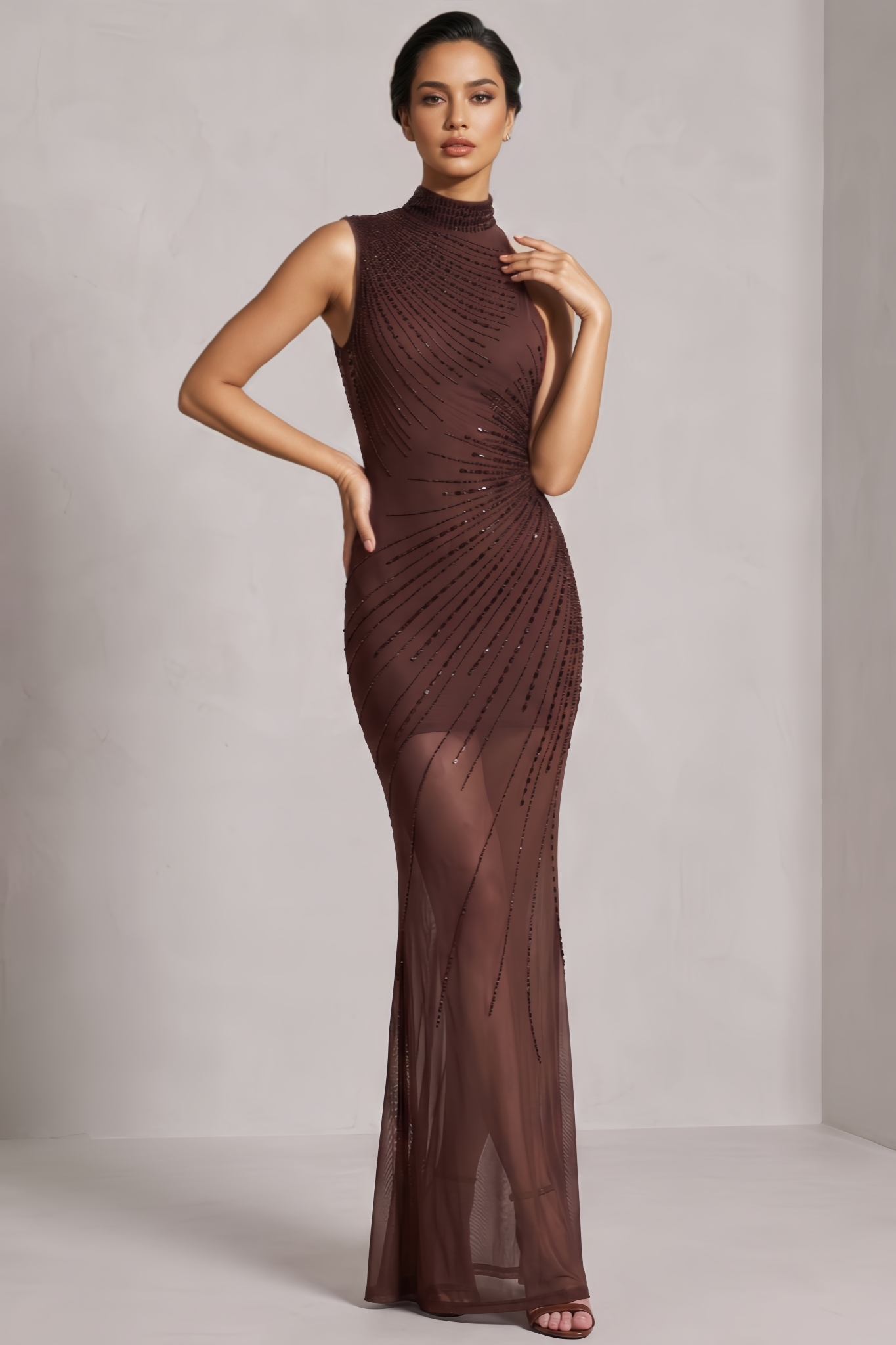 Nlivia Brown Sleeveless Rhinestone Maxi Dress