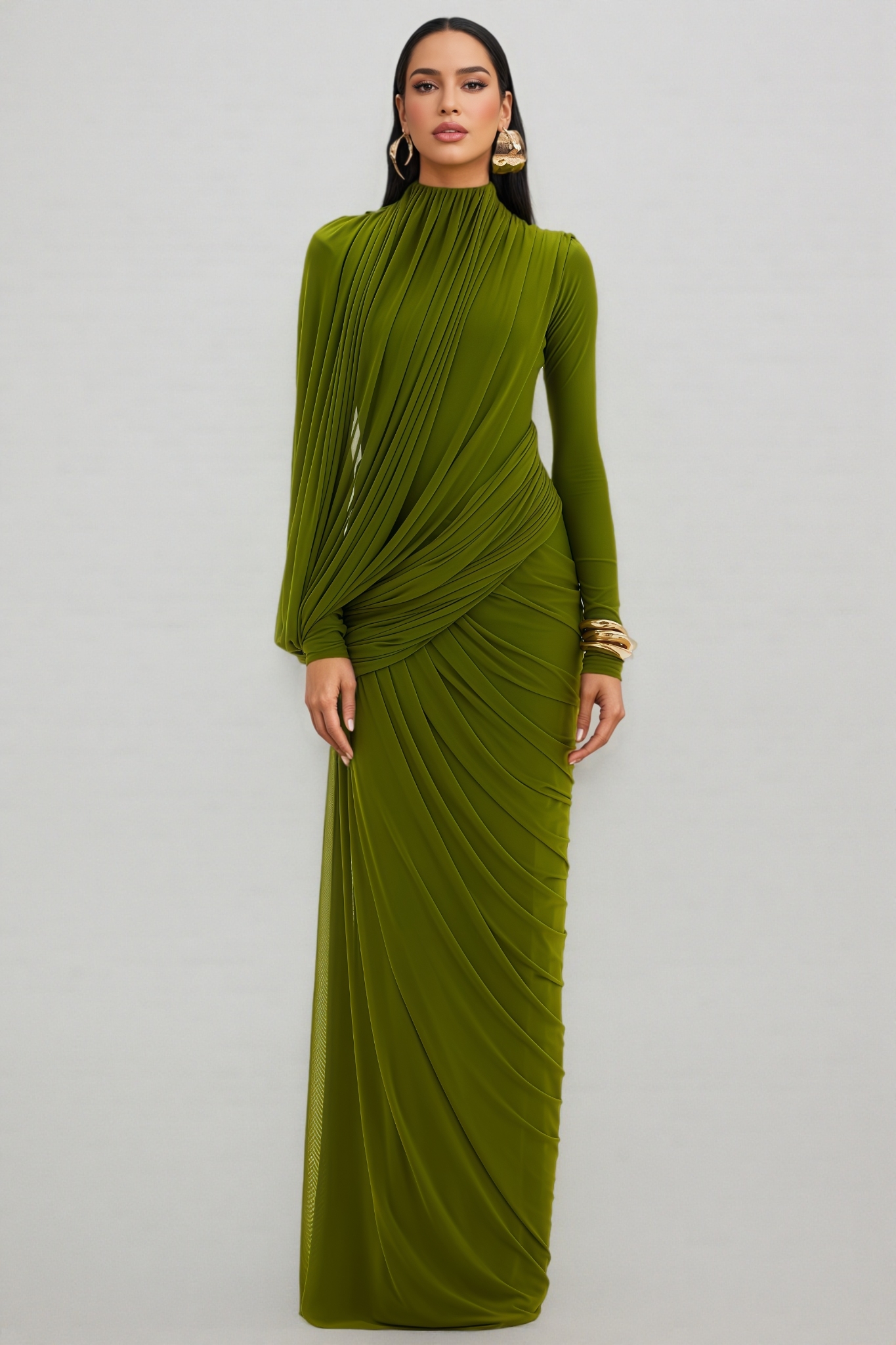 Elirasd Green High Neck Asymmetric Drape Maxi Dress