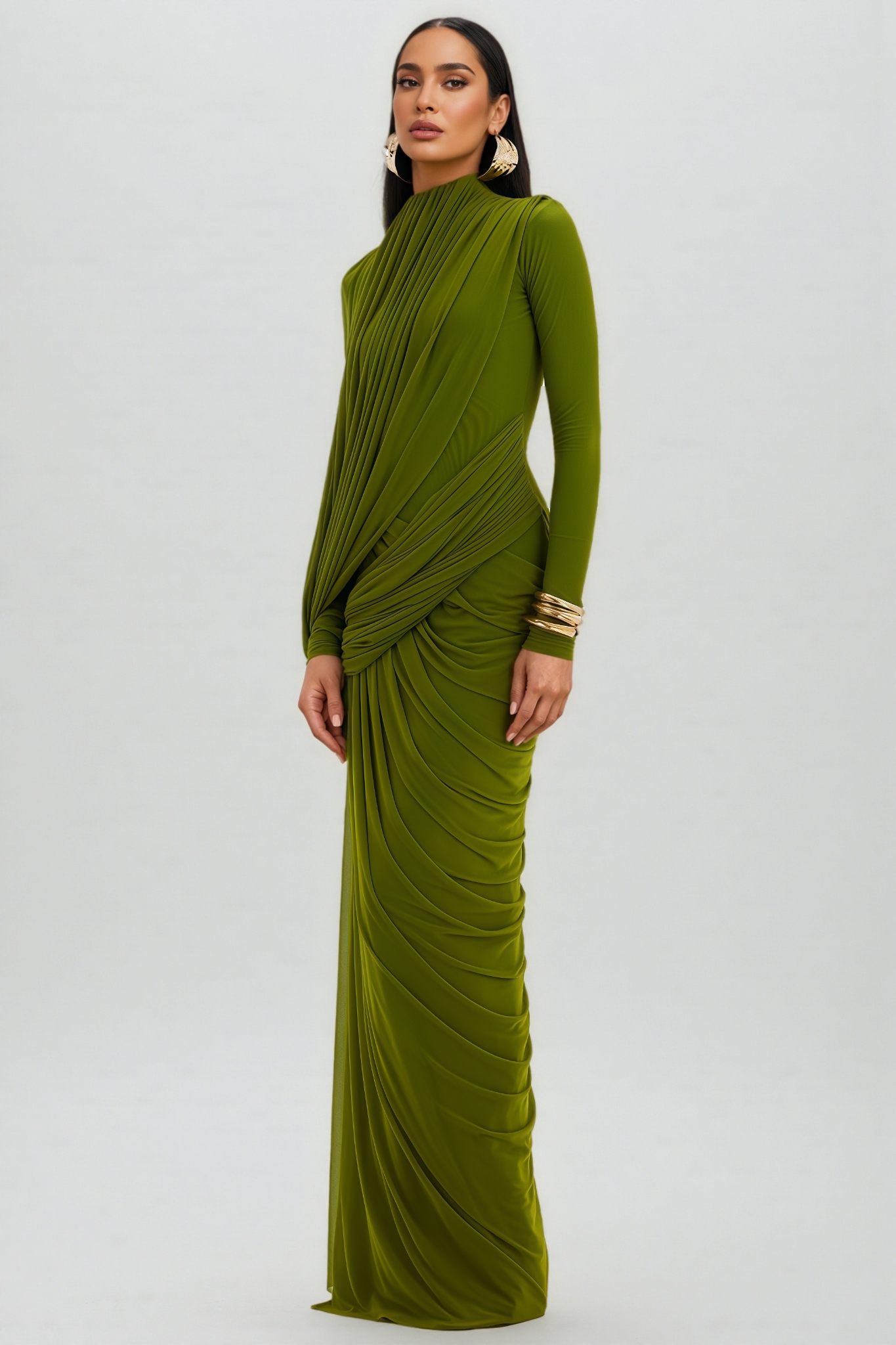 Elirasd Green High Neck Asymmetric Drape Maxi Dress