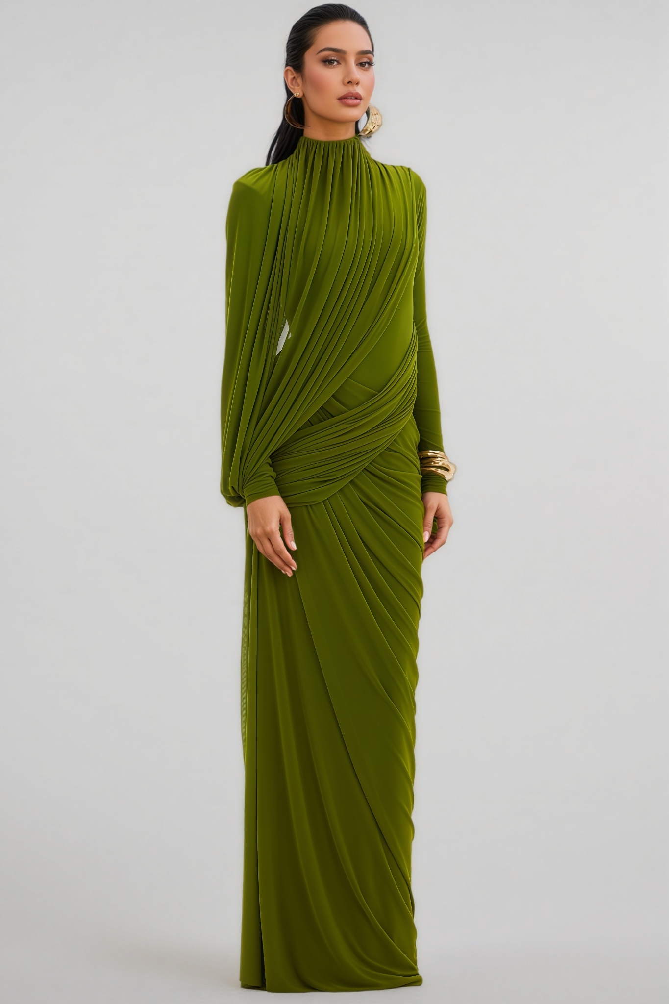 Elirasd Green High Neck Asymmetric Drape Maxi Dress