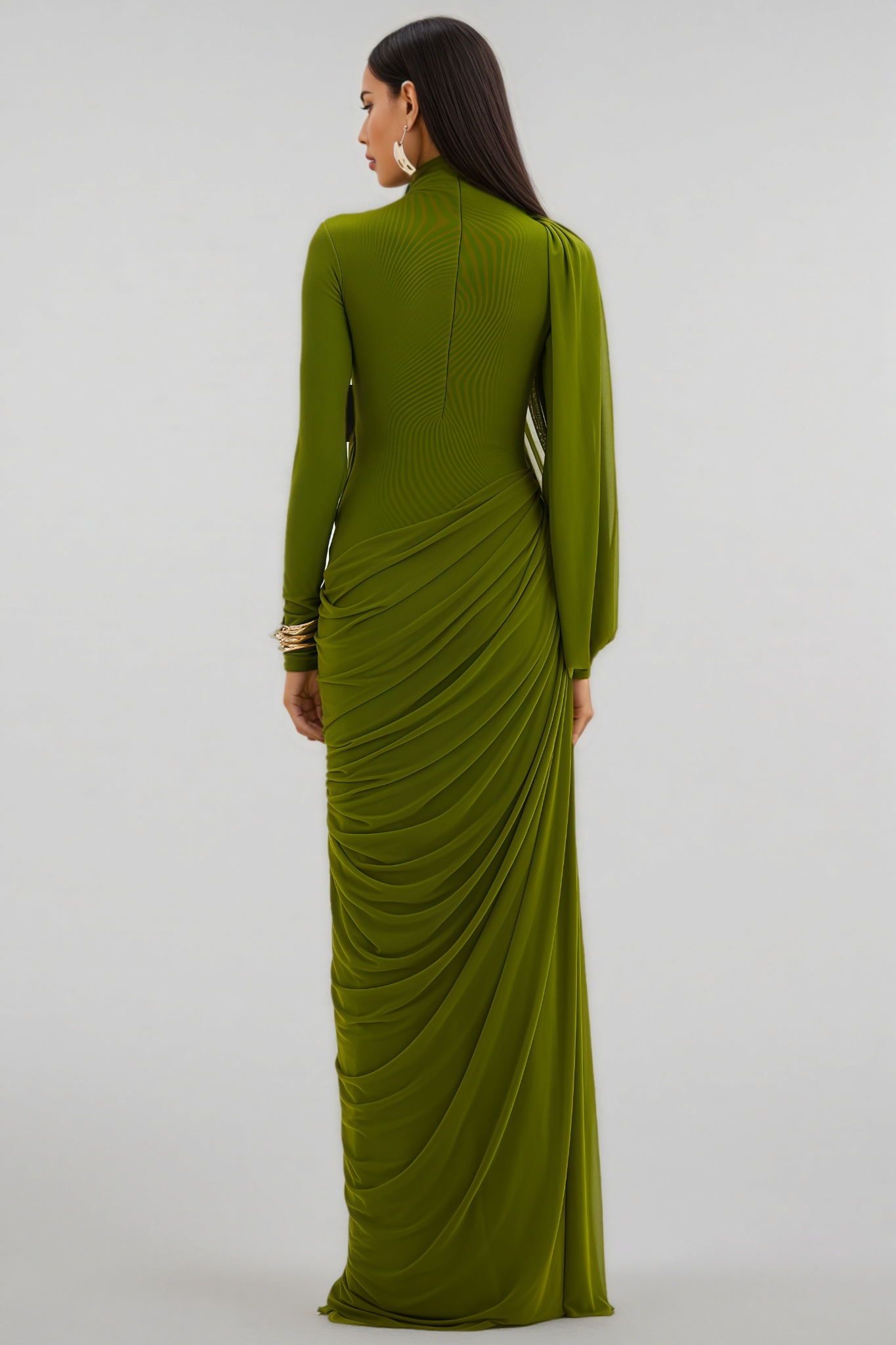 Elirasd Green High Neck Asymmetric Drape Maxi Dress