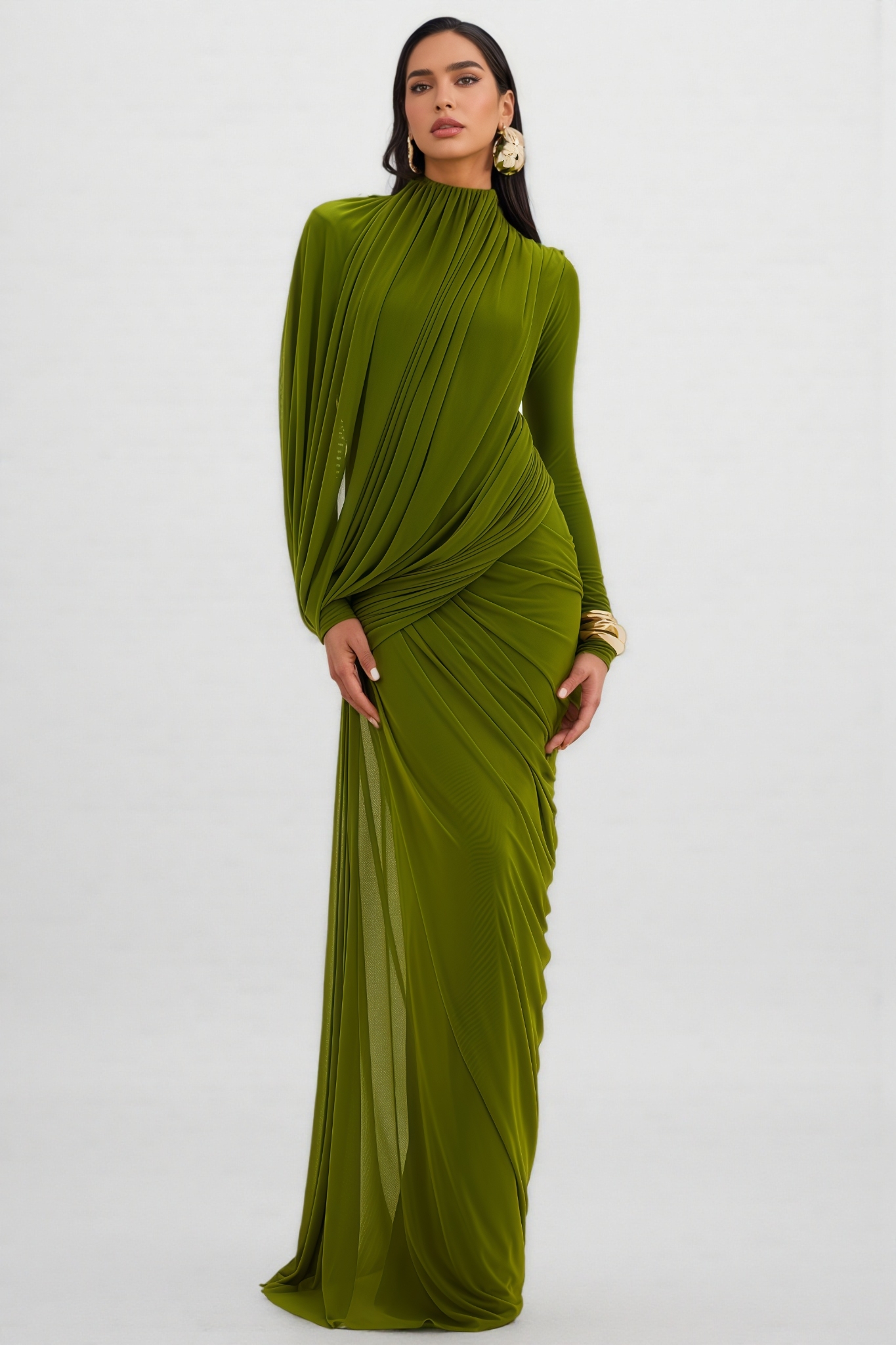 Elirasd Green High Neck Asymmetric Drape Maxi Dress