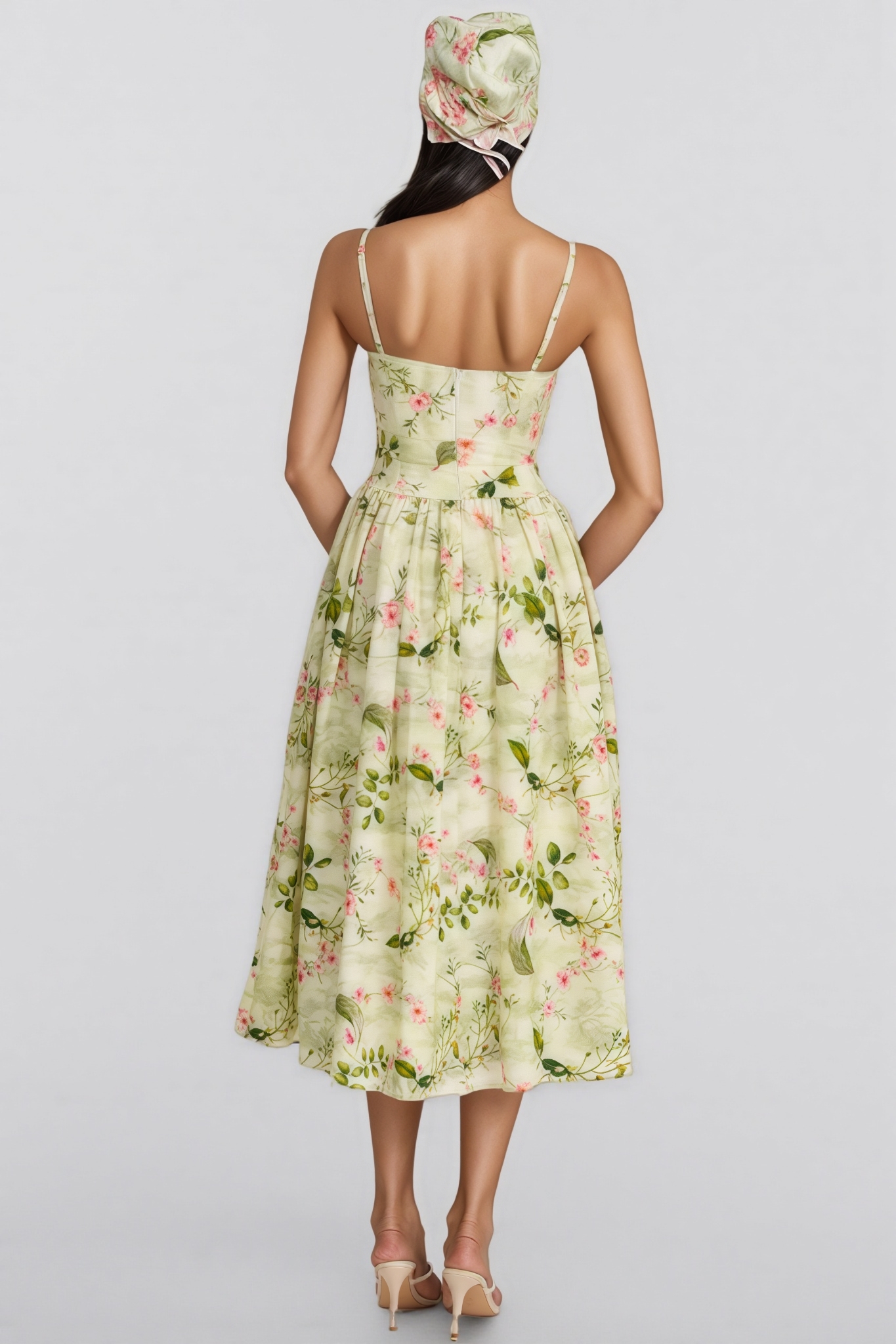 Raleign Green Floral Print Ruched Midi Dress