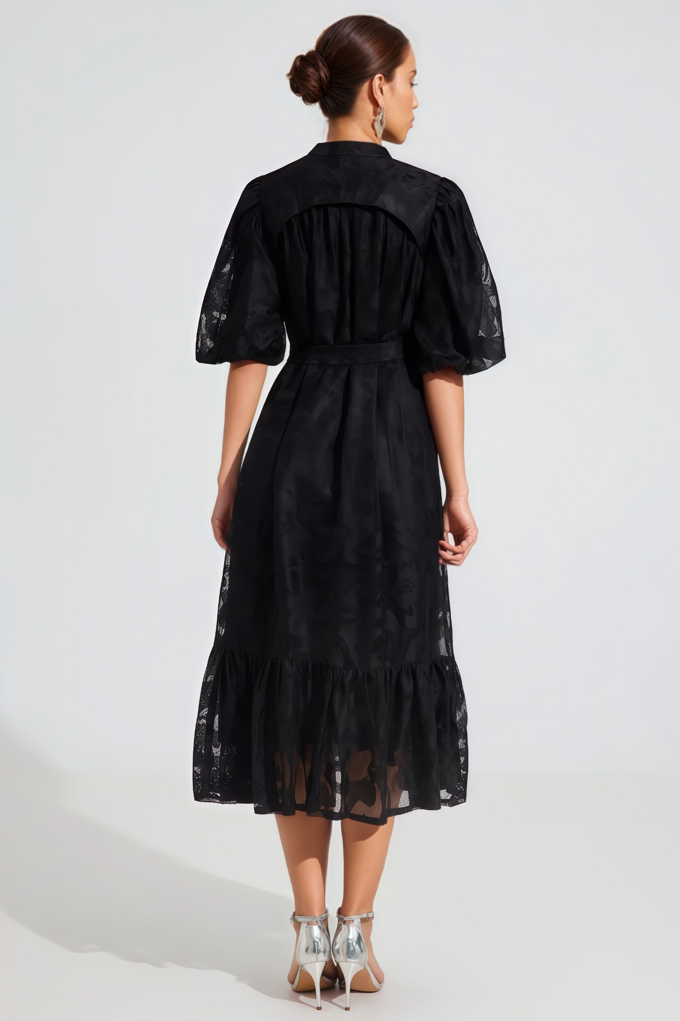 Wrentk Black Puff Sleeve Lace Midi Dress