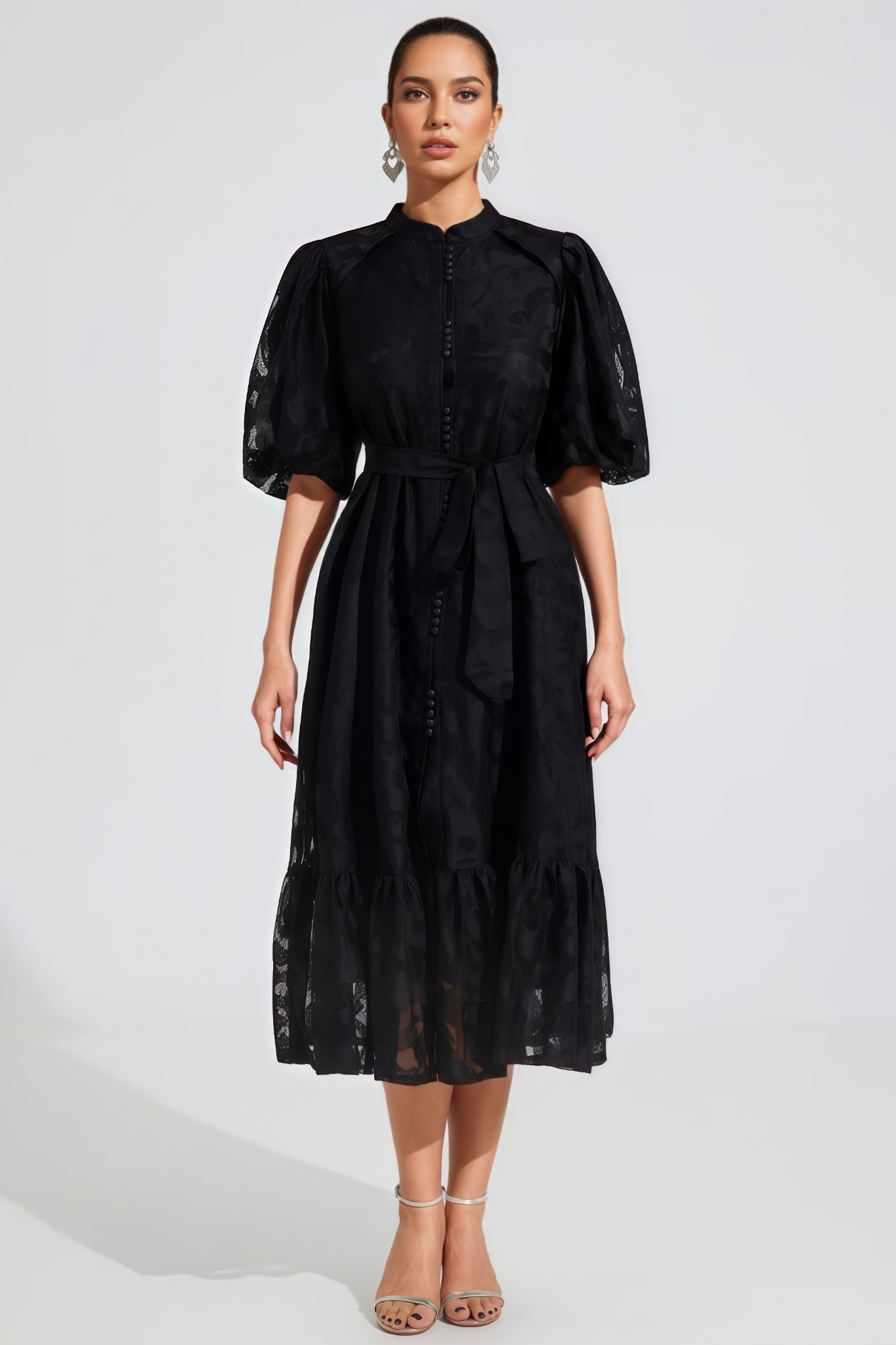 Wrentk Black Puff Sleeve Lace Midi Dress