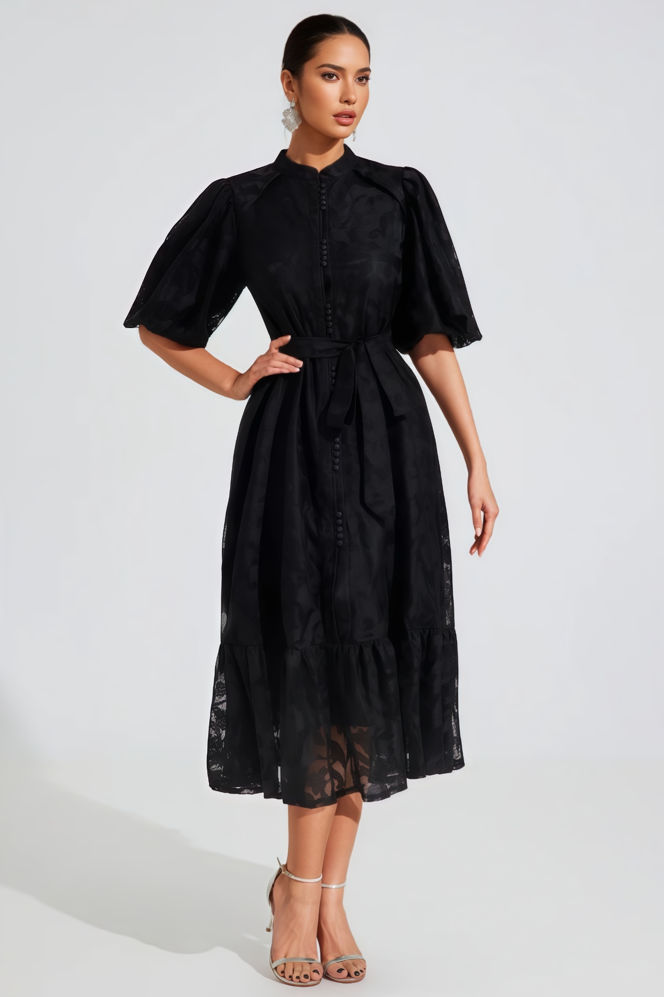Wrentk Black Puff Sleeve Lace Midi Dress