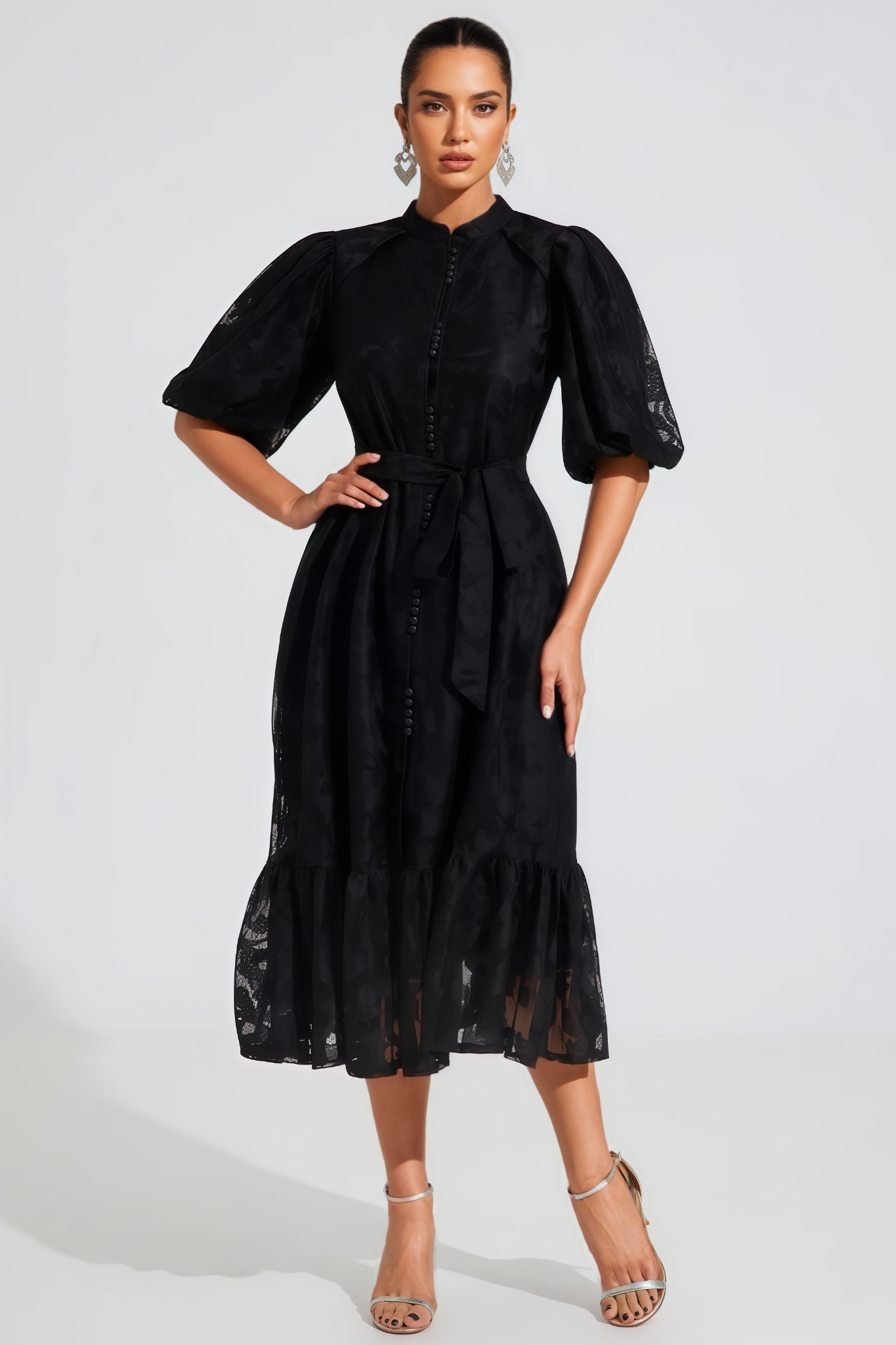 Wrentk Black Puff Sleeve Lace Midi Dress