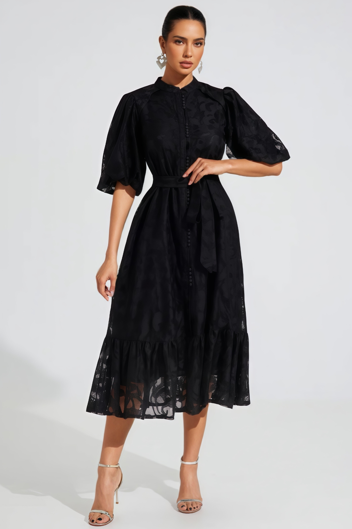 Wrentk Black Puff Sleeve Lace Midi Dress