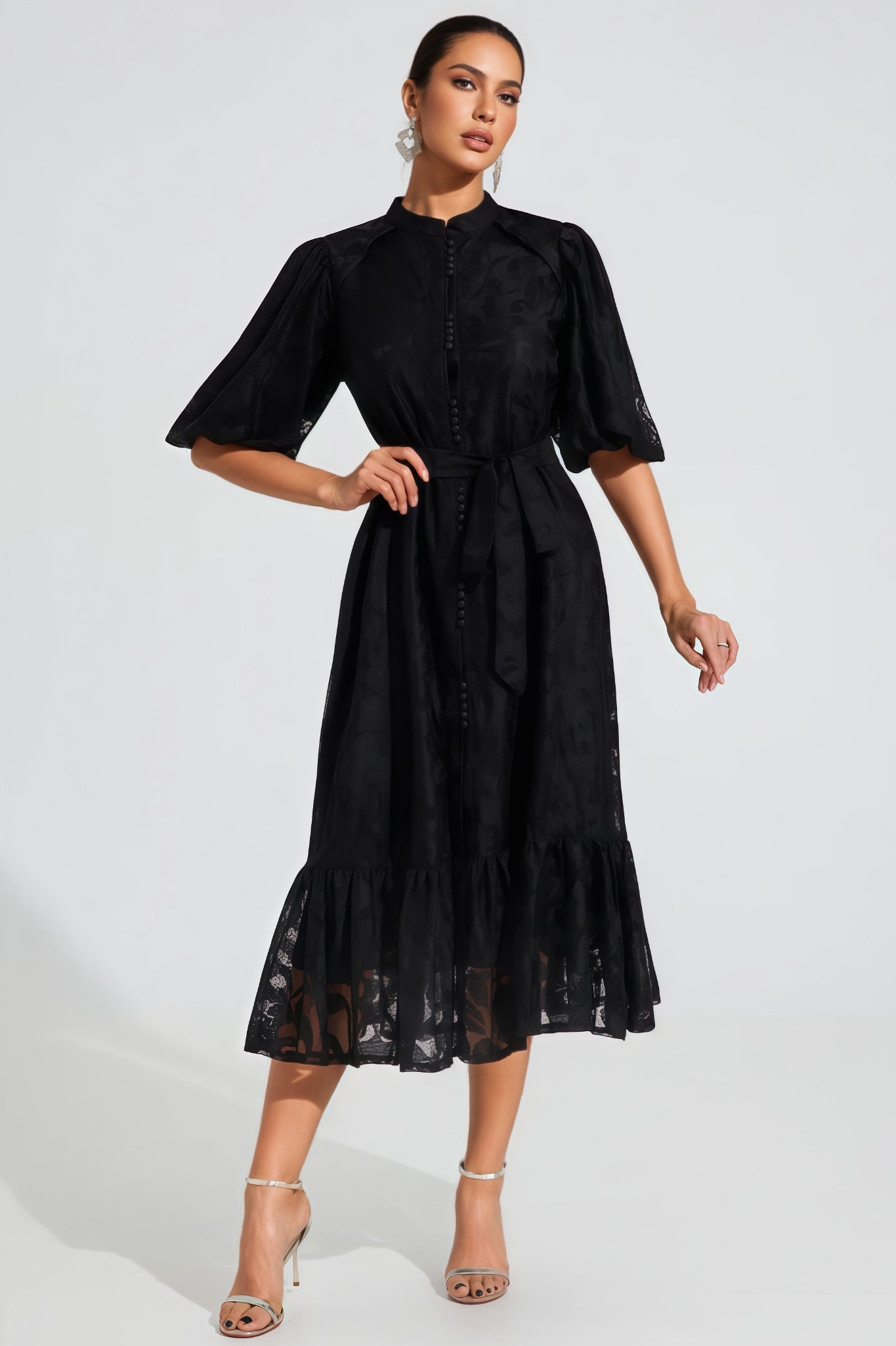 Wrentk Black Puff Sleeve Lace Midi Dress