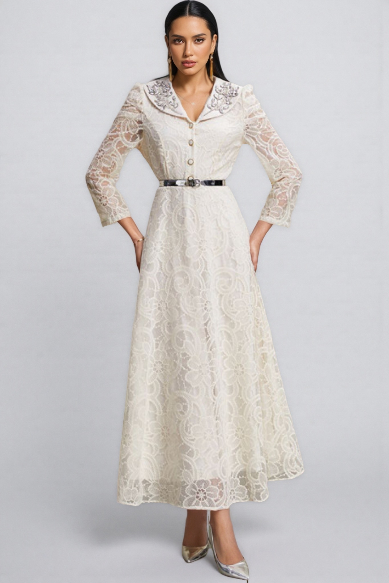 Sareza Long Sleeves Lace Diamond Maxi Dress