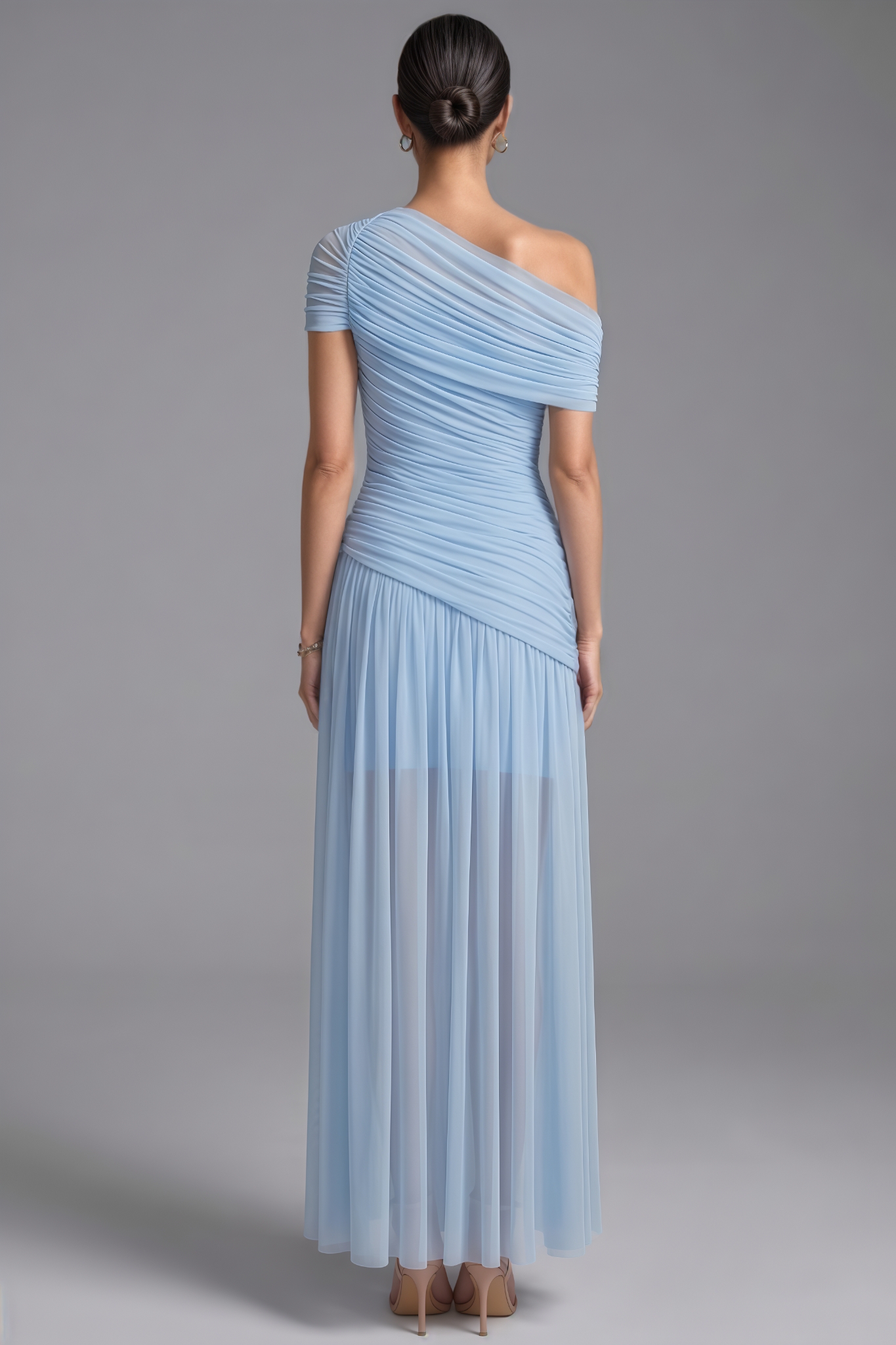 Etity Blue Slanted Shoulder Mesh Maxi Dress