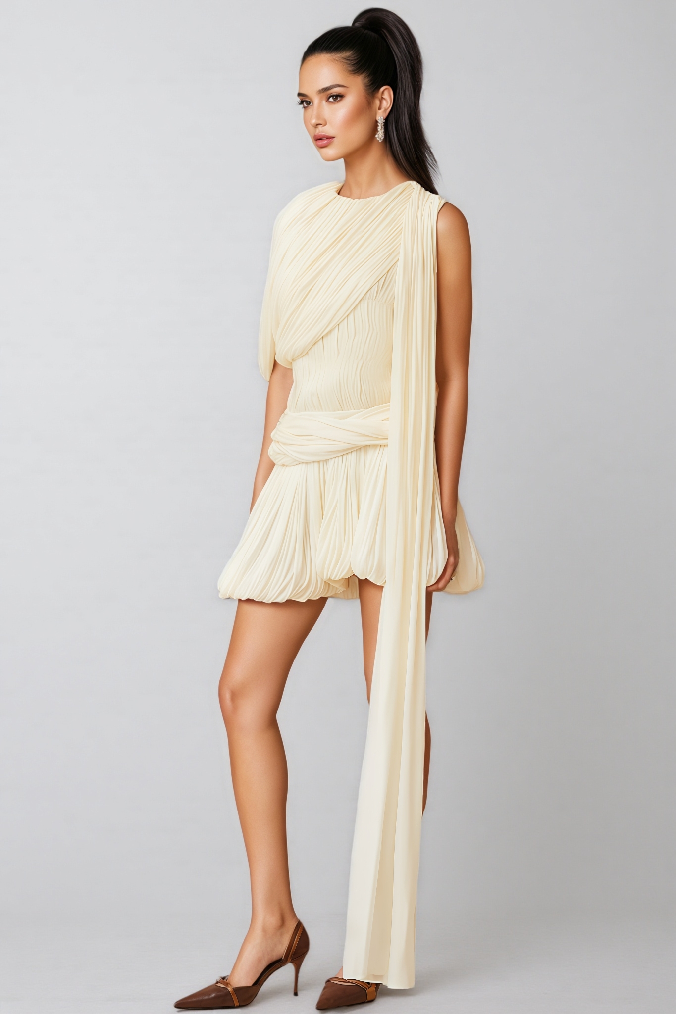 Brivam Pleated Round Neck Mini Dress