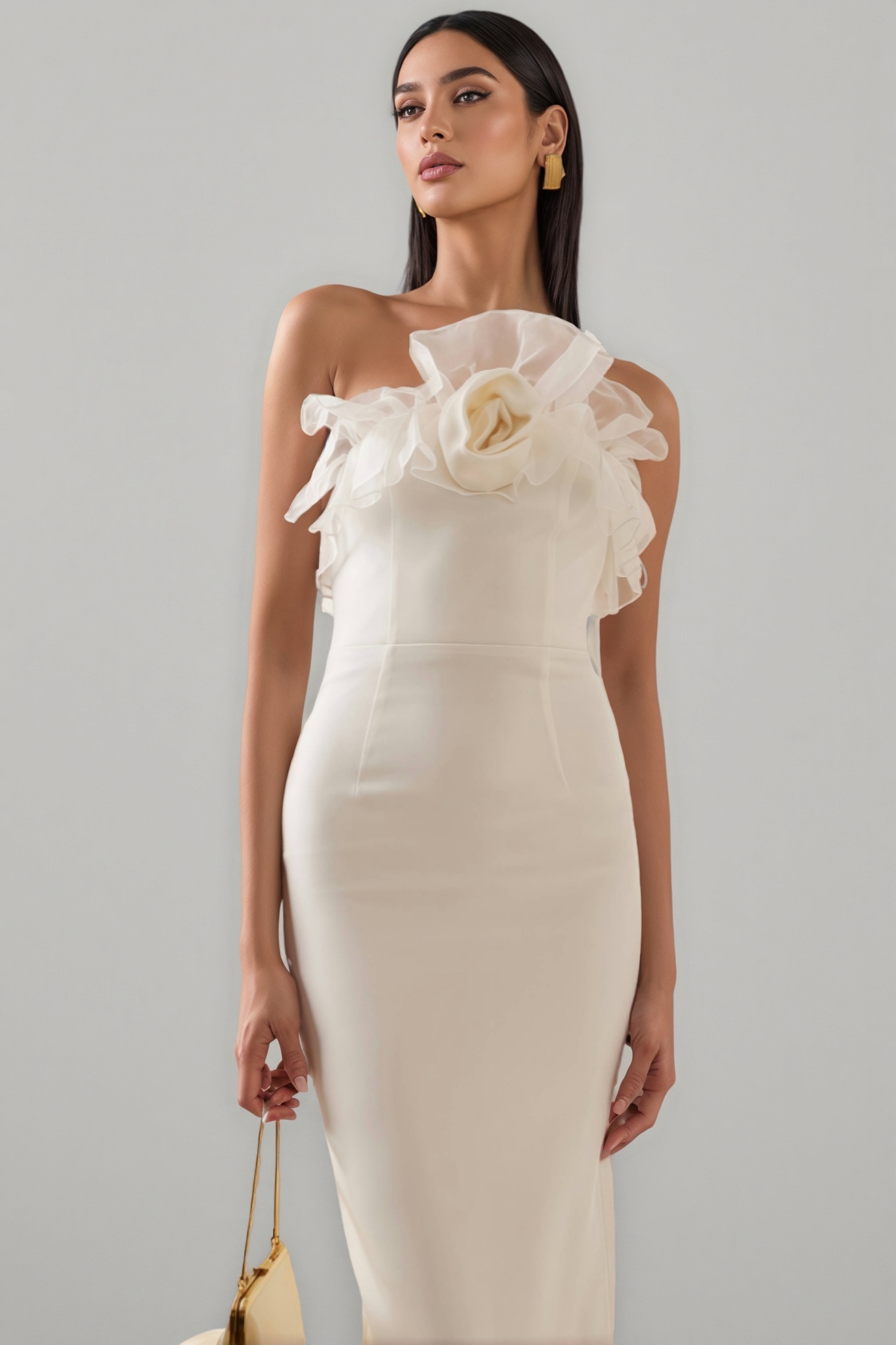 Zaretp White Ruffled Silk Midi Dress
