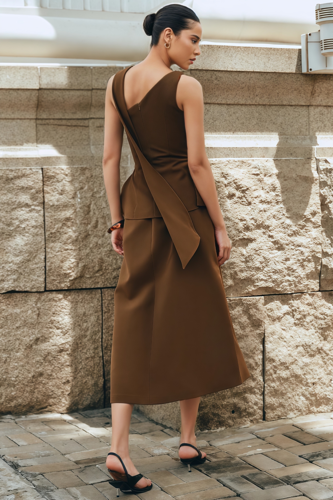 Rrasy Brown One Shoulder Midi Dress Set