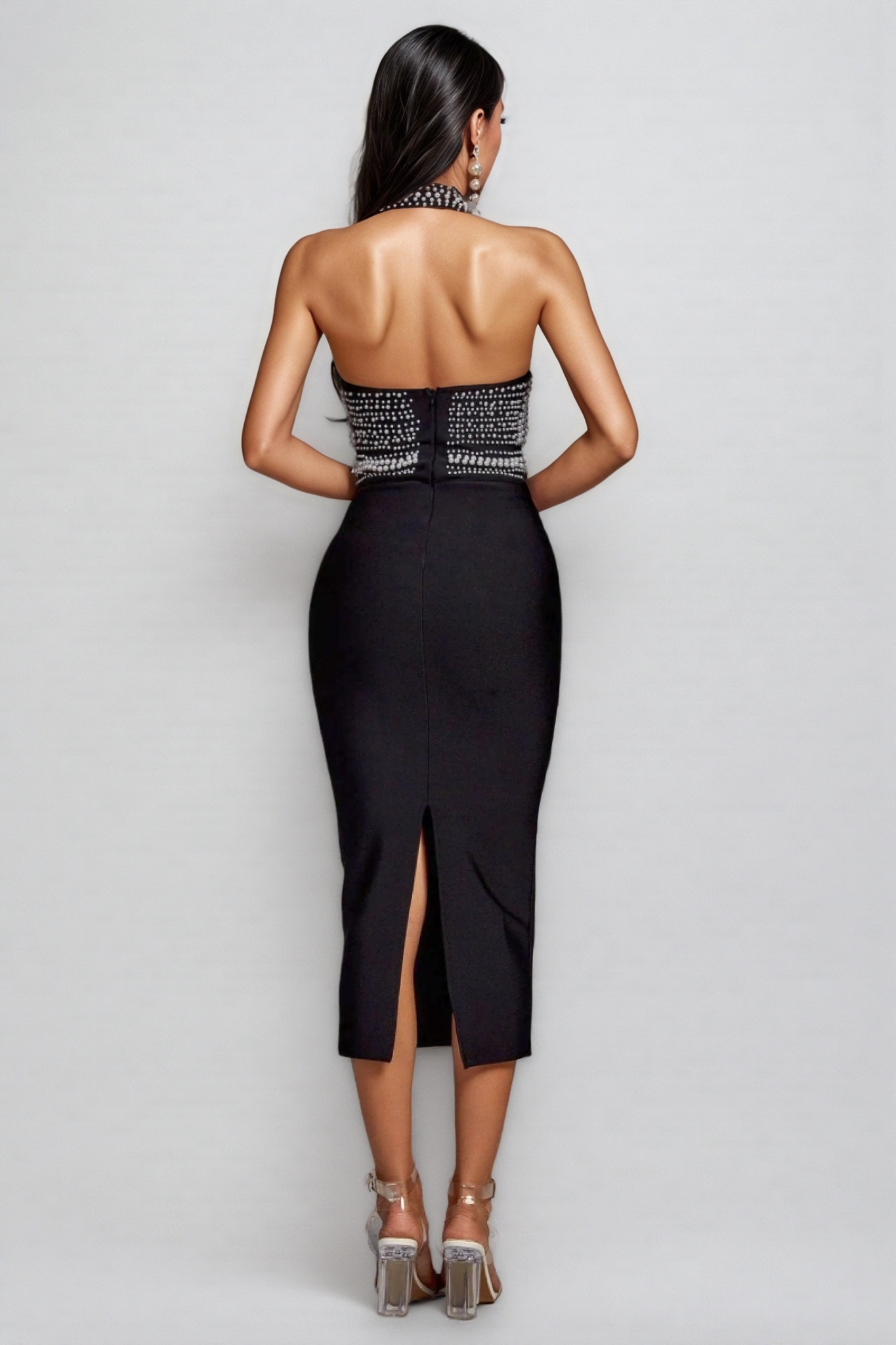 Maia Pearl Halter Bandage Midi Dress - Black