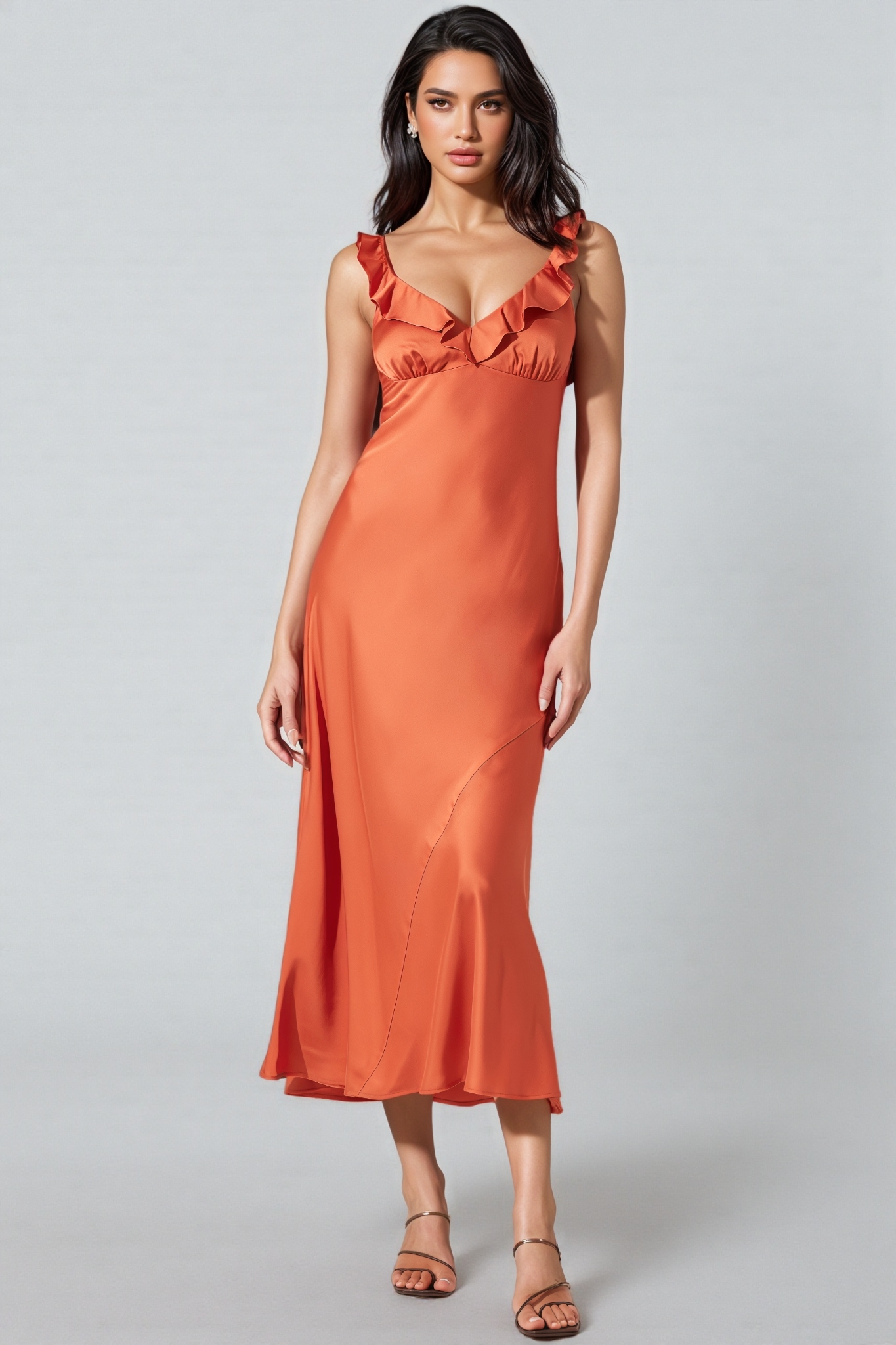 Thornet Satin Ruffle Midi Dress