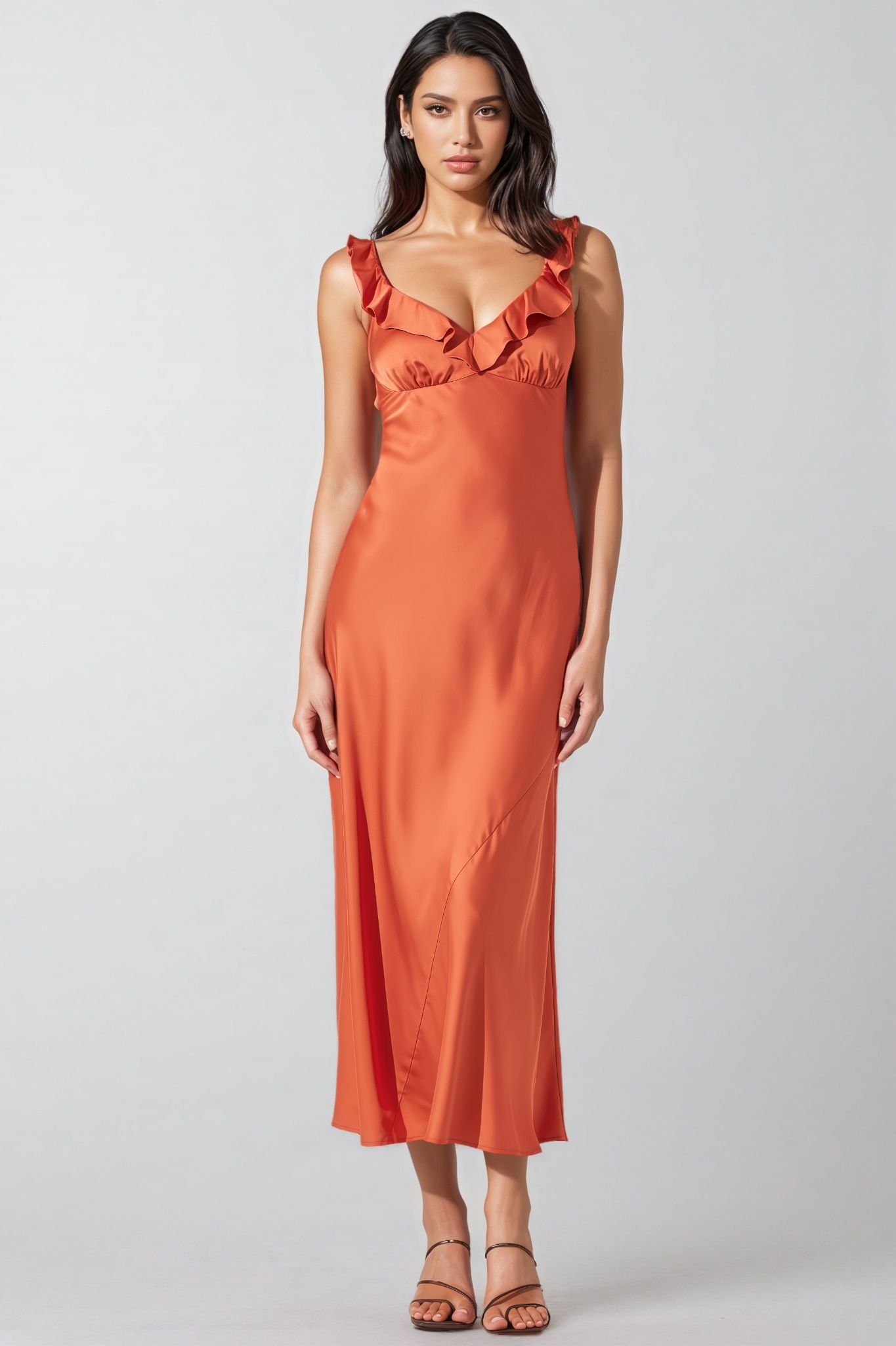 Thornet Satin Ruffle Midi Dress