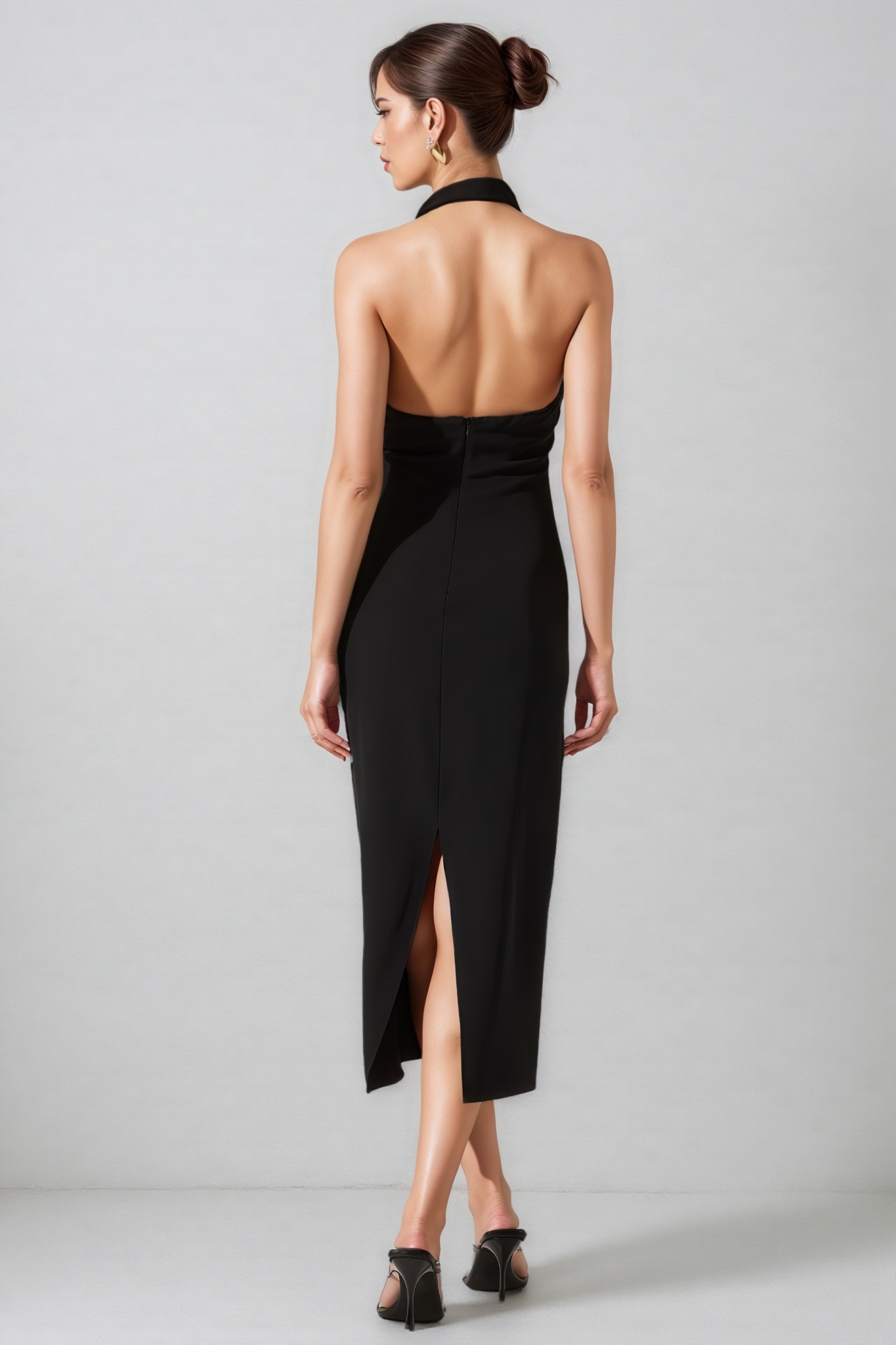 Xarelly Black Halter Cowl Neck Midi Dress