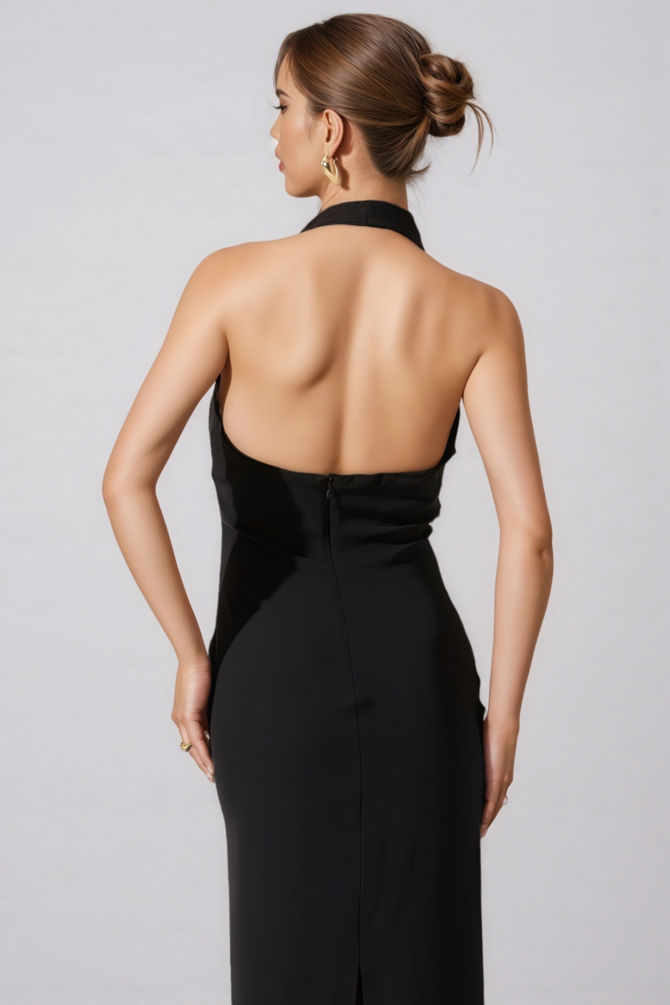 Xarelly Black Halter Cowl Neck Midi Dress