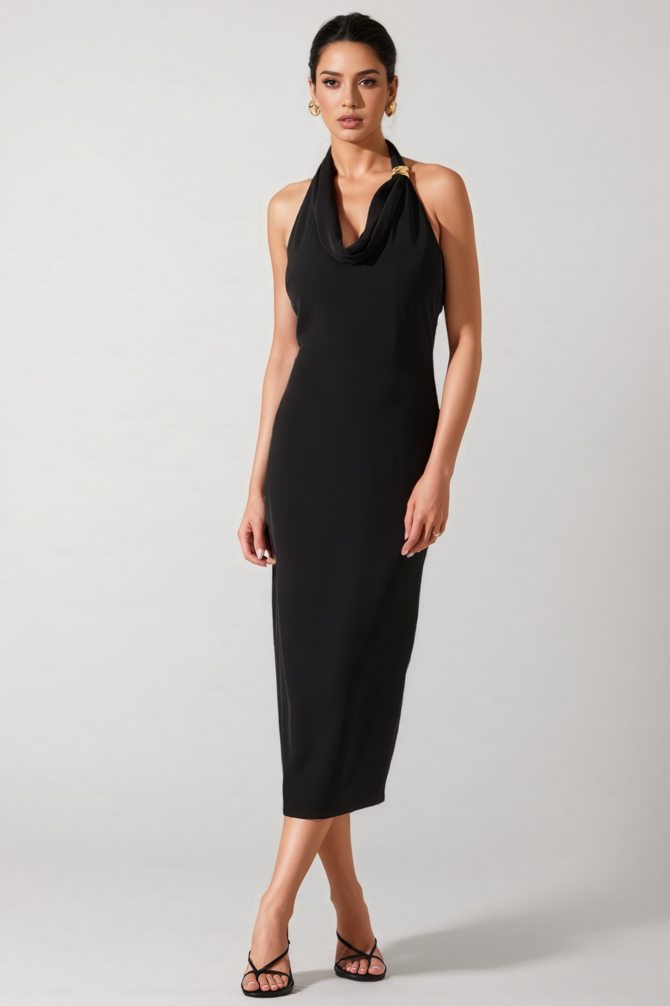 Xarelly Black Halter Cowl Neck Midi Dress