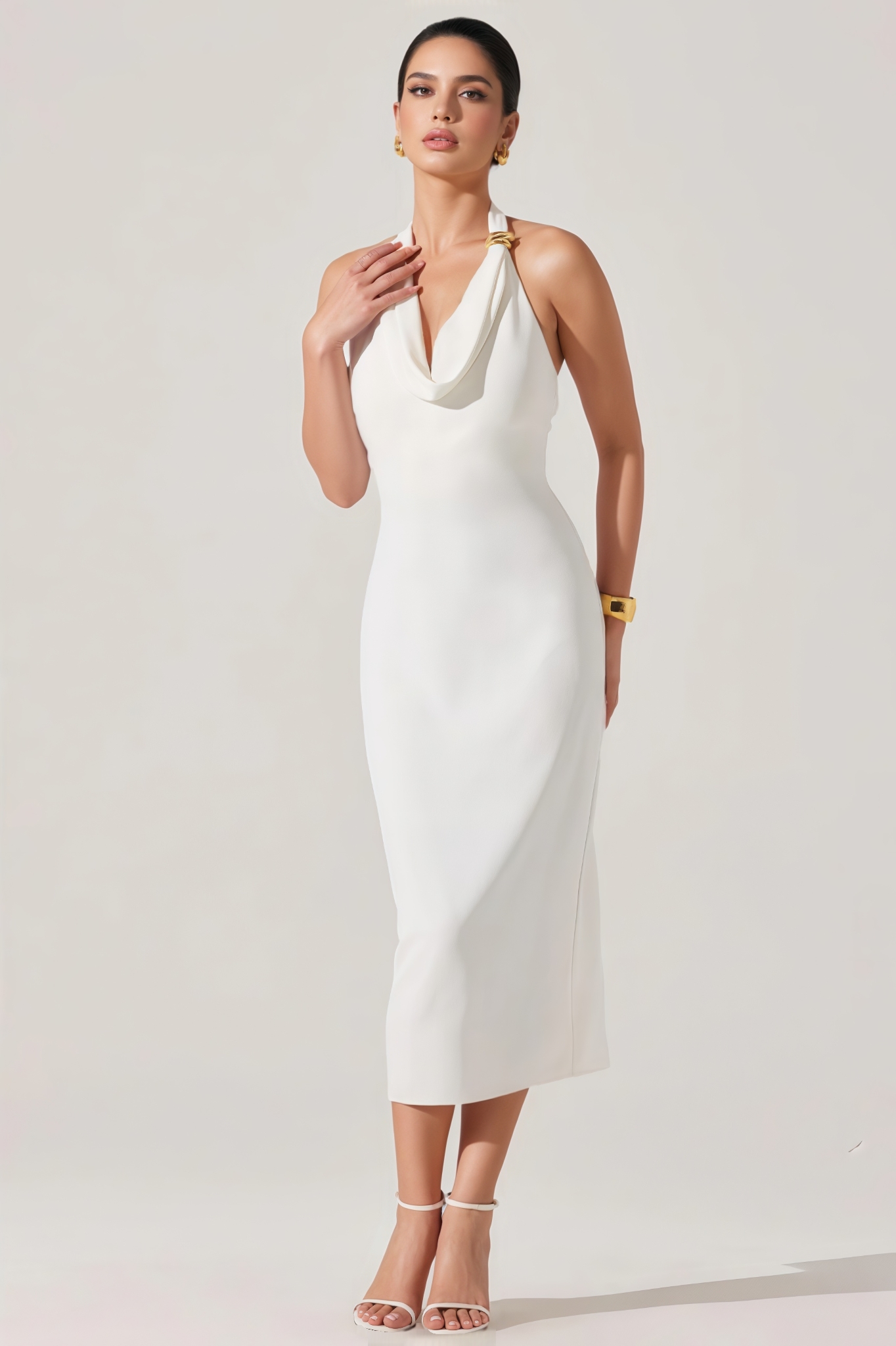 Yviant White Halter Cowl Neck Midi Dress