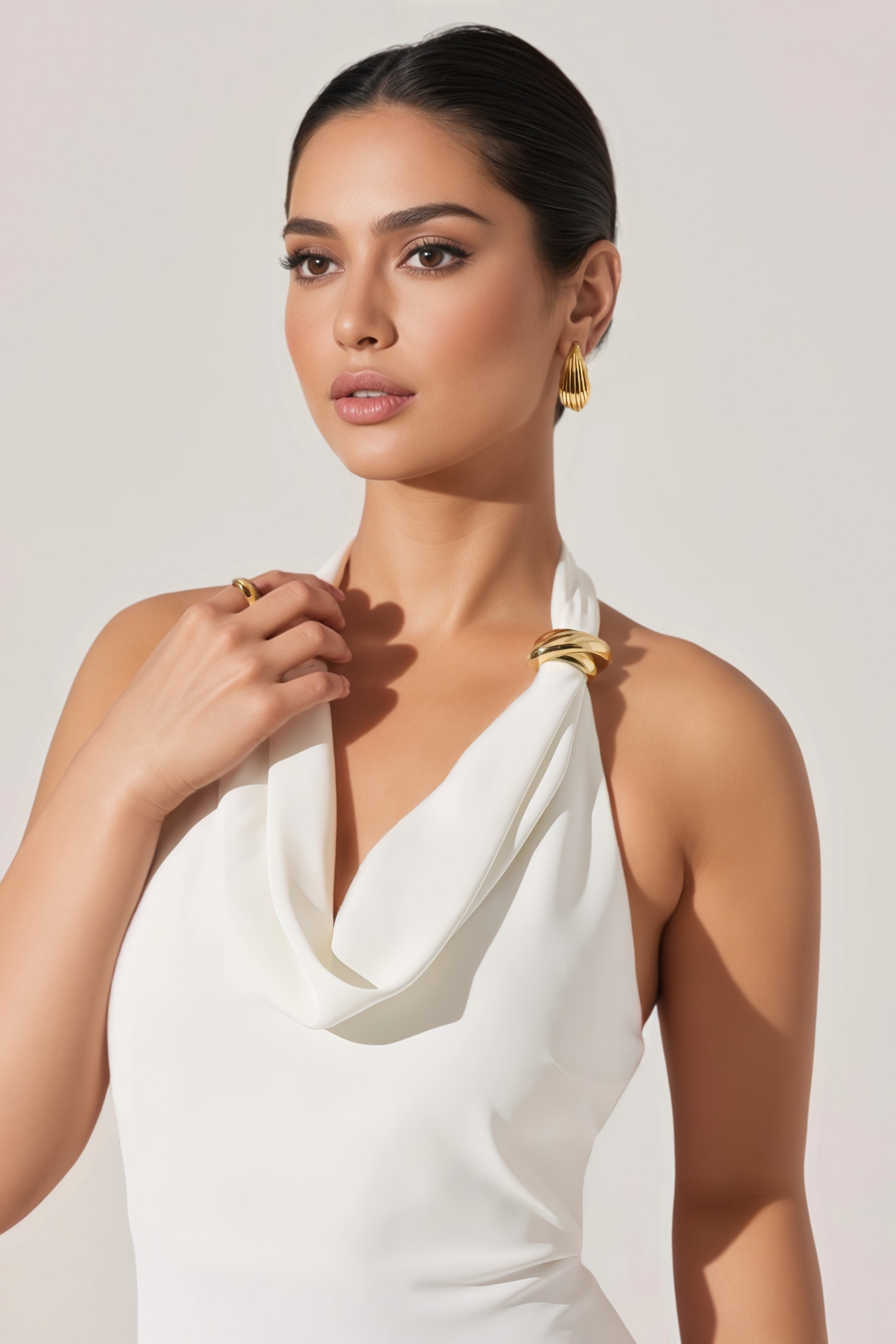 Yviant White Halter Cowl Neck Midi Dress