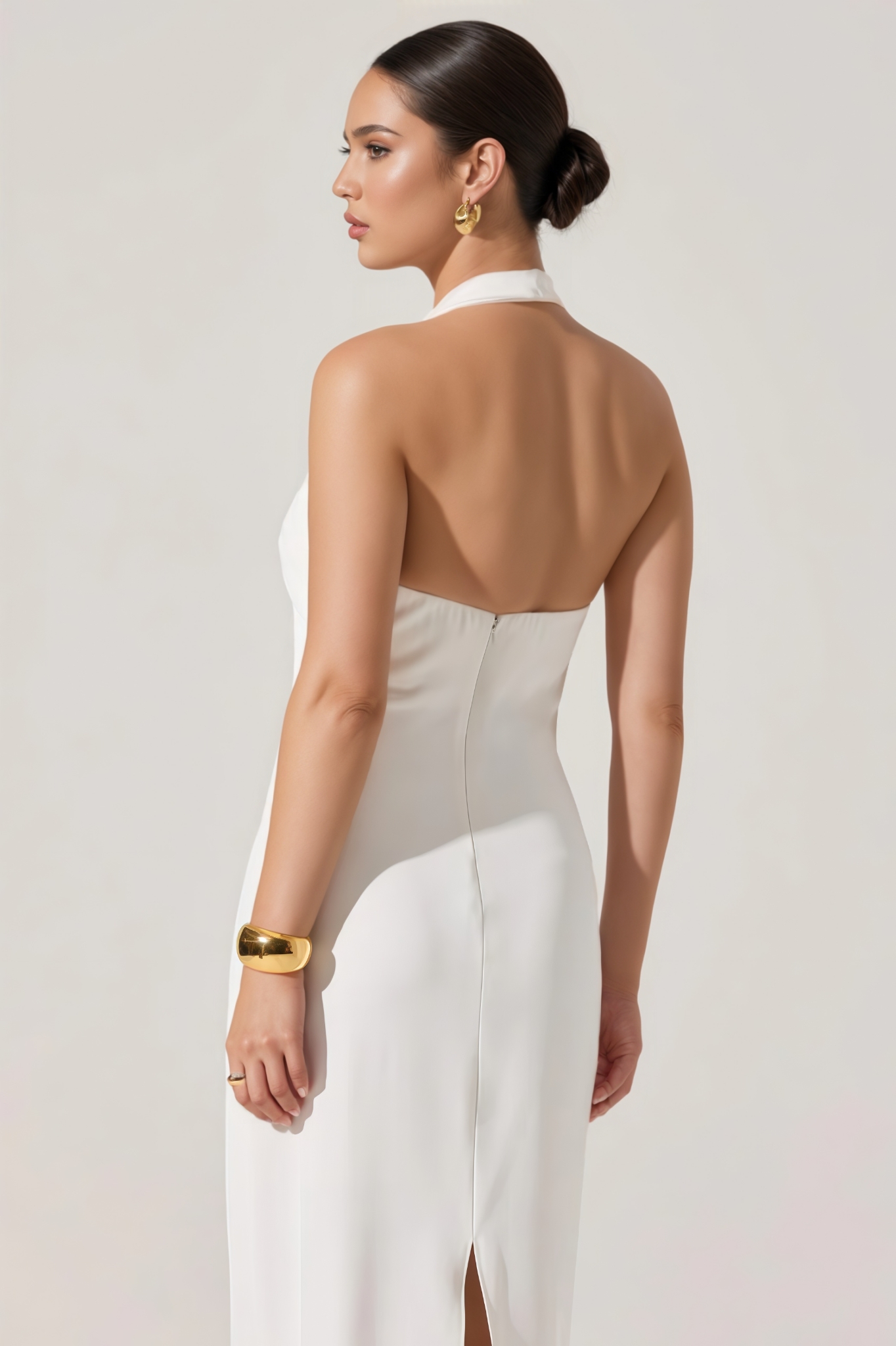 Yviant White Halter Cowl Neck Midi Dress