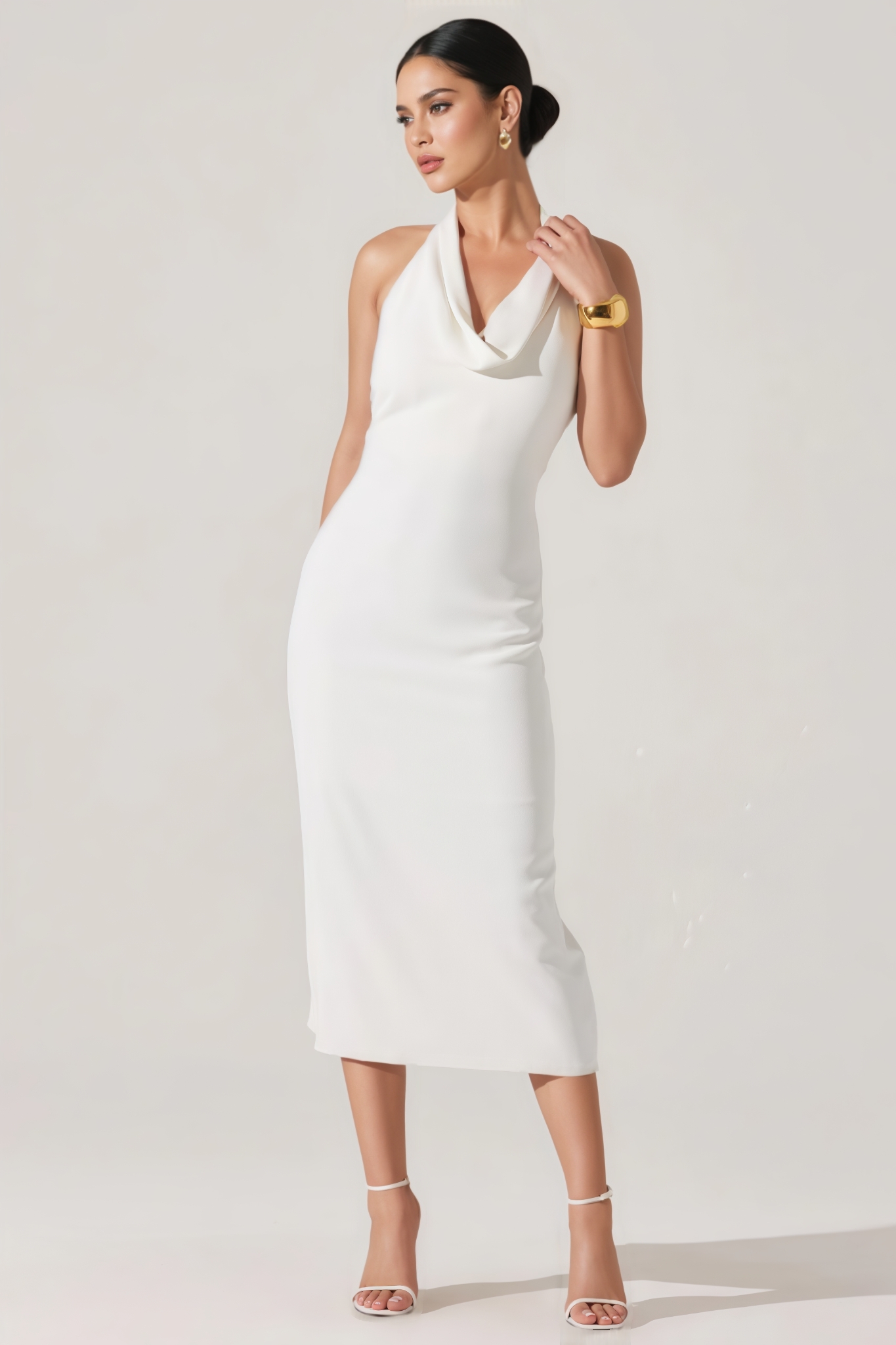 Yviant White Halter Cowl Neck Midi Dress