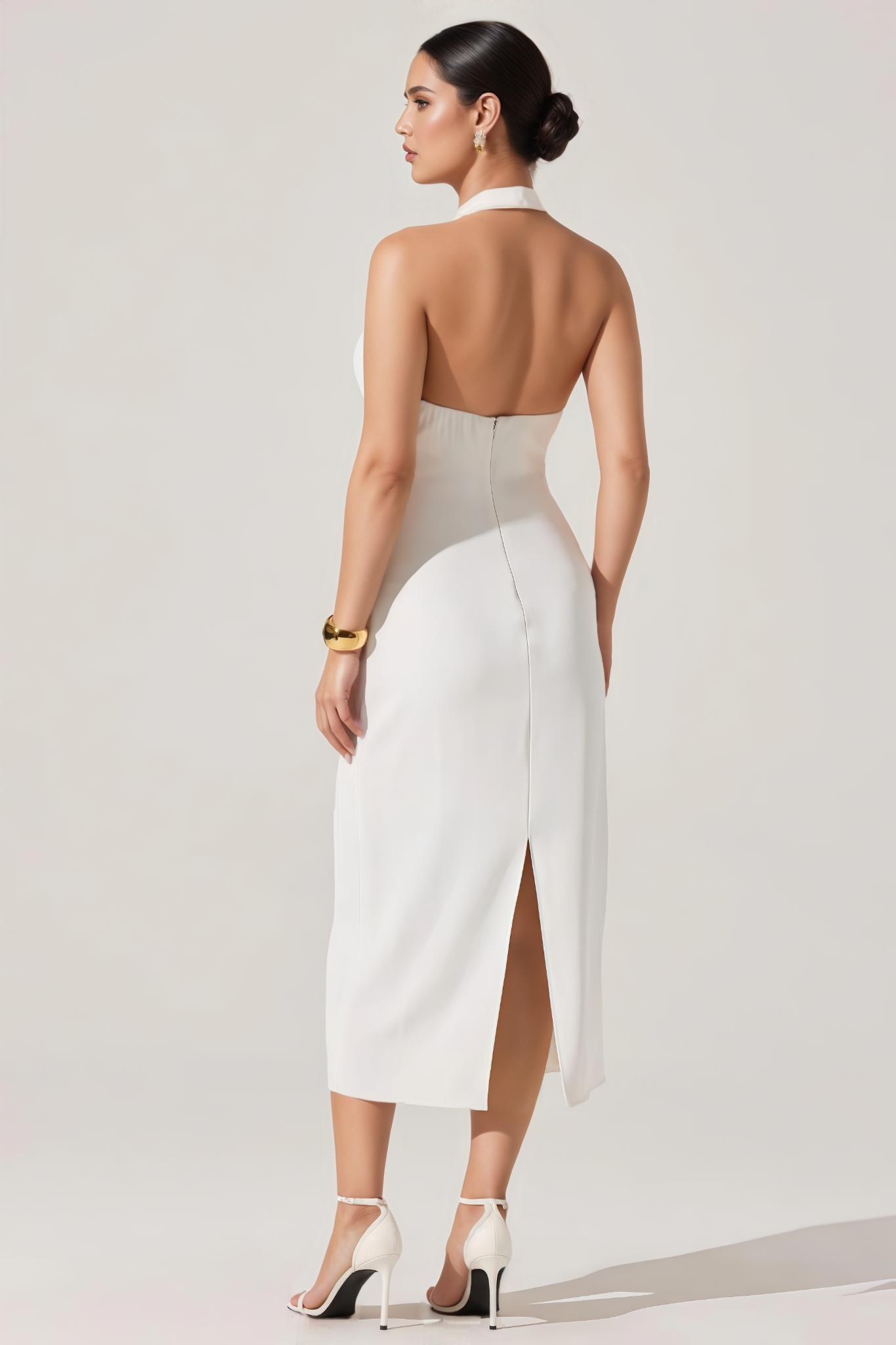Yviant White Halter Cowl Neck Midi Dress