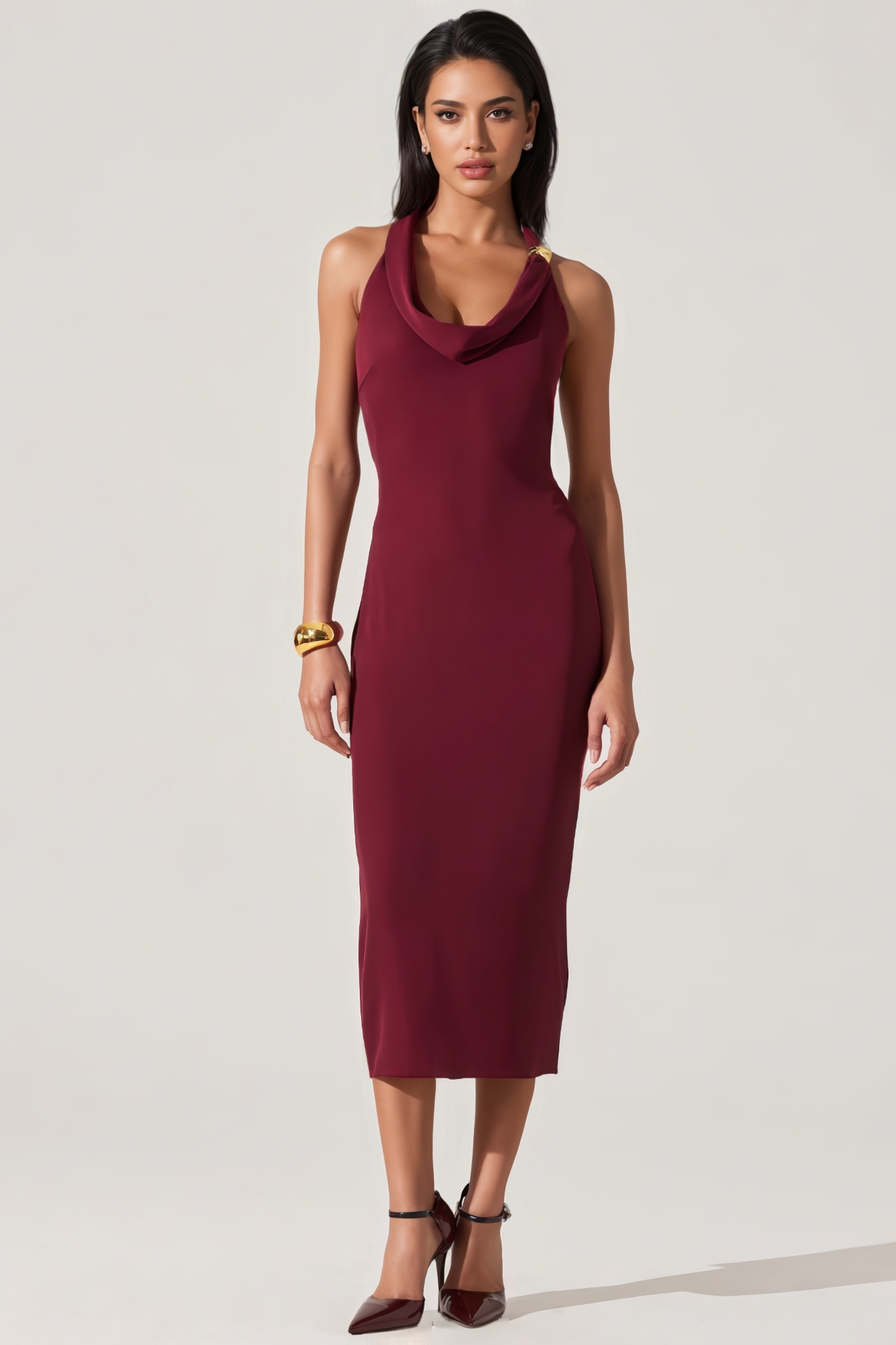 Zyrany Red Halter Cowl Neck Midi Dress